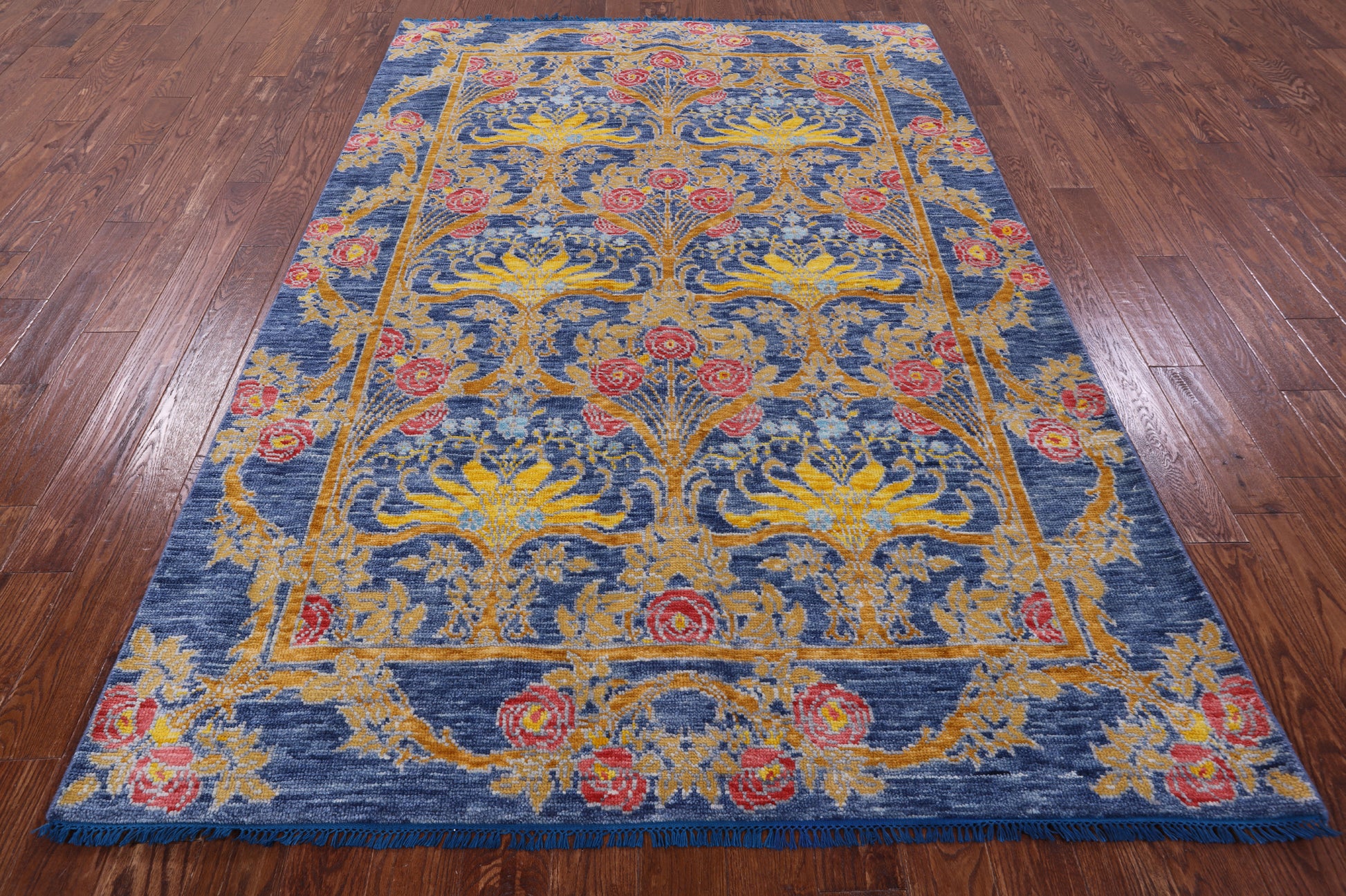 Blue William Morris Hand Knotted Wool Rug - 6' 3" X 9' 4" - Golden Nile