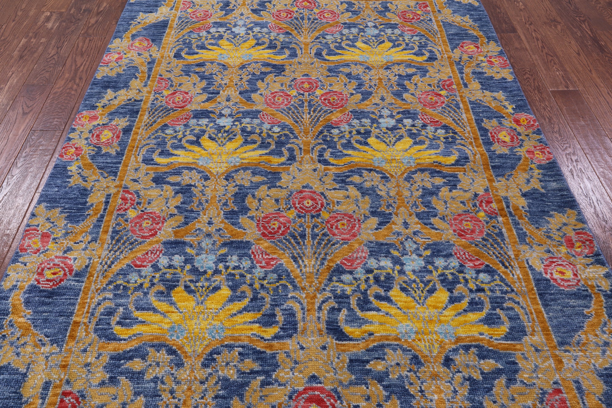 Blue William Morris Hand Knotted Wool Rug - 6' 3" X 9' 4" - Golden Nile
