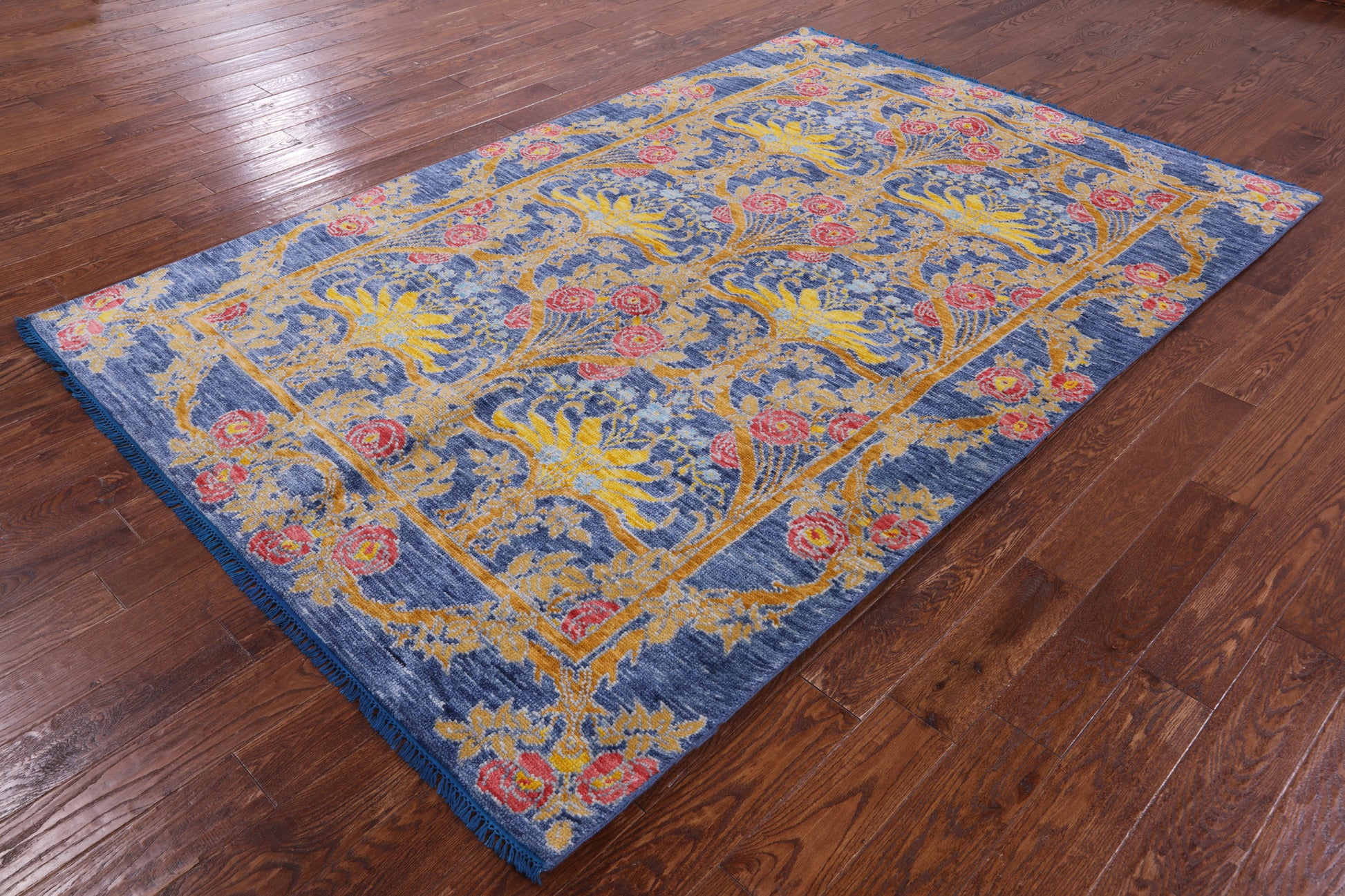 Blue William Morris Hand Knotted Wool Rug - 6' 3" X 9' 4" - Golden Nile