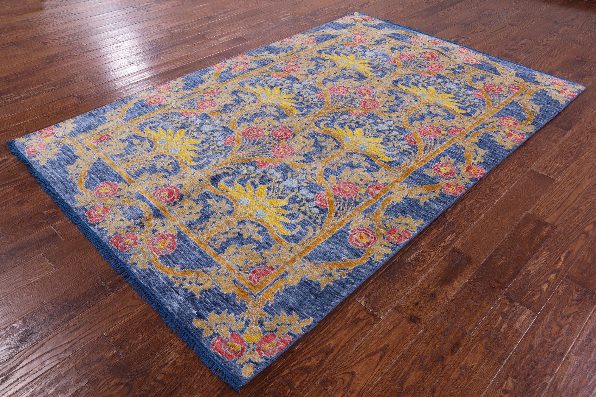 Blue William Morris Hand Knotted Wool Rug - 6' 3" X 9' 4" - Golden Nile