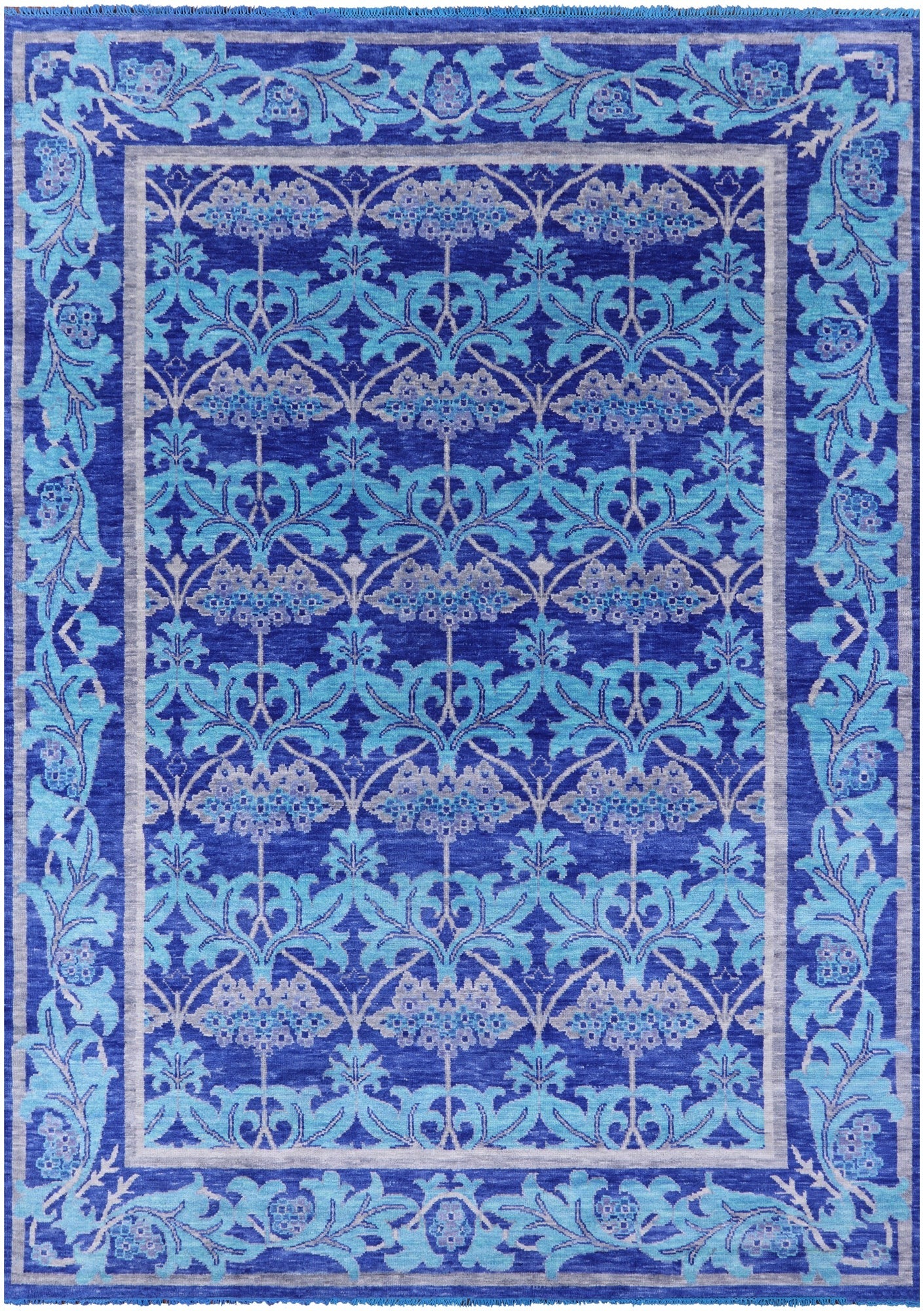 Blue William Morris Hand Knotted Wool Rug - 8' 10" X 12' 5" - Golden Nile