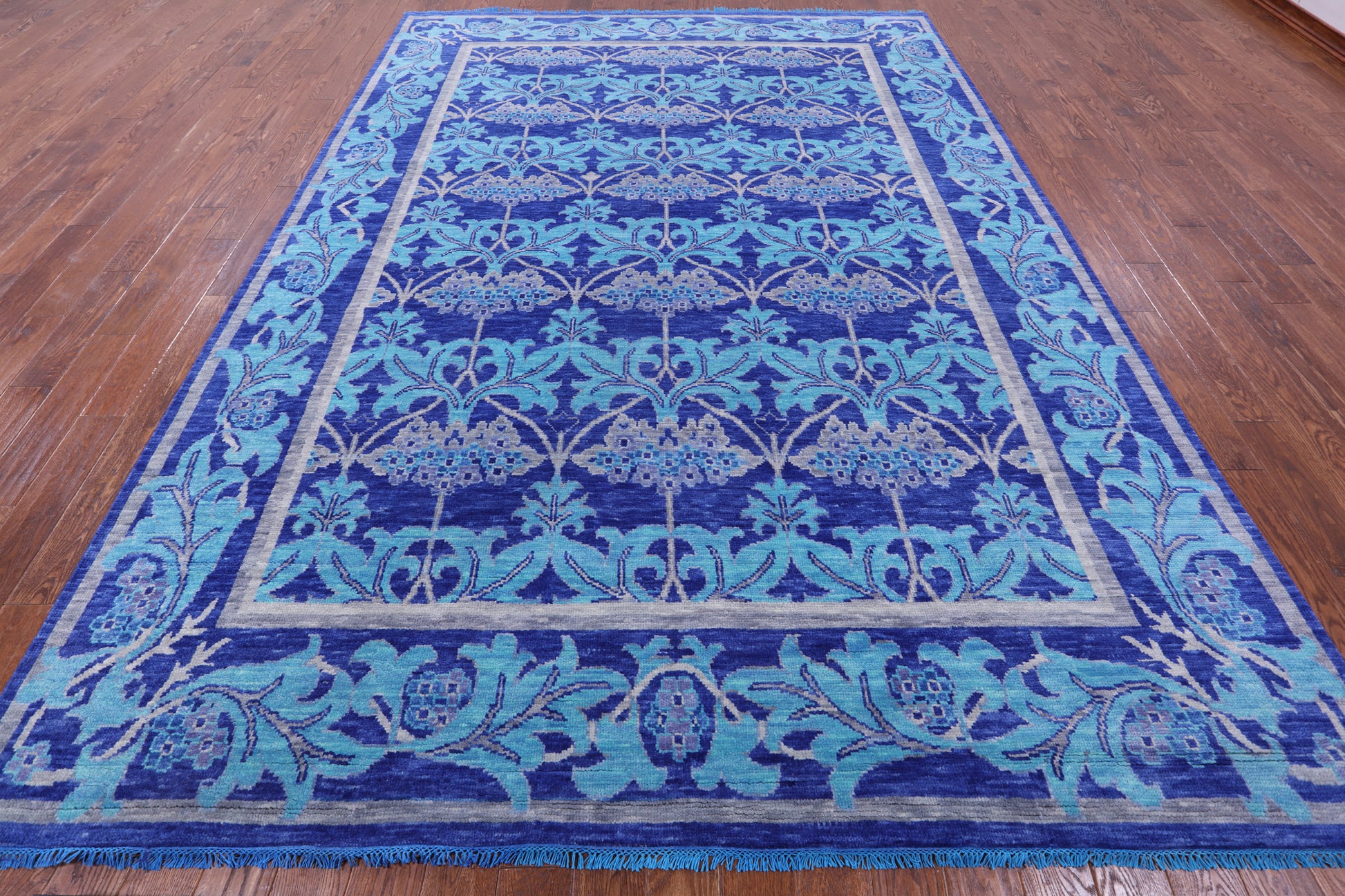 Blue William Morris Hand Knotted Wool Rug - 8' 10" X 12' 5" - Golden Nile