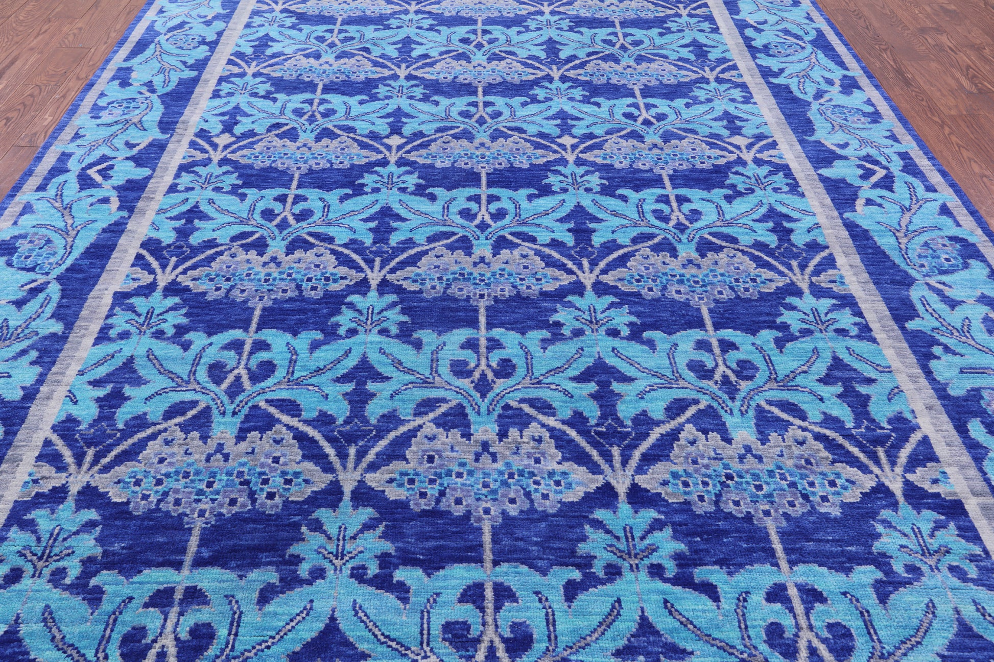 Blue William Morris Hand Knotted Wool Rug - 8' 10" X 12' 5" - Golden Nile