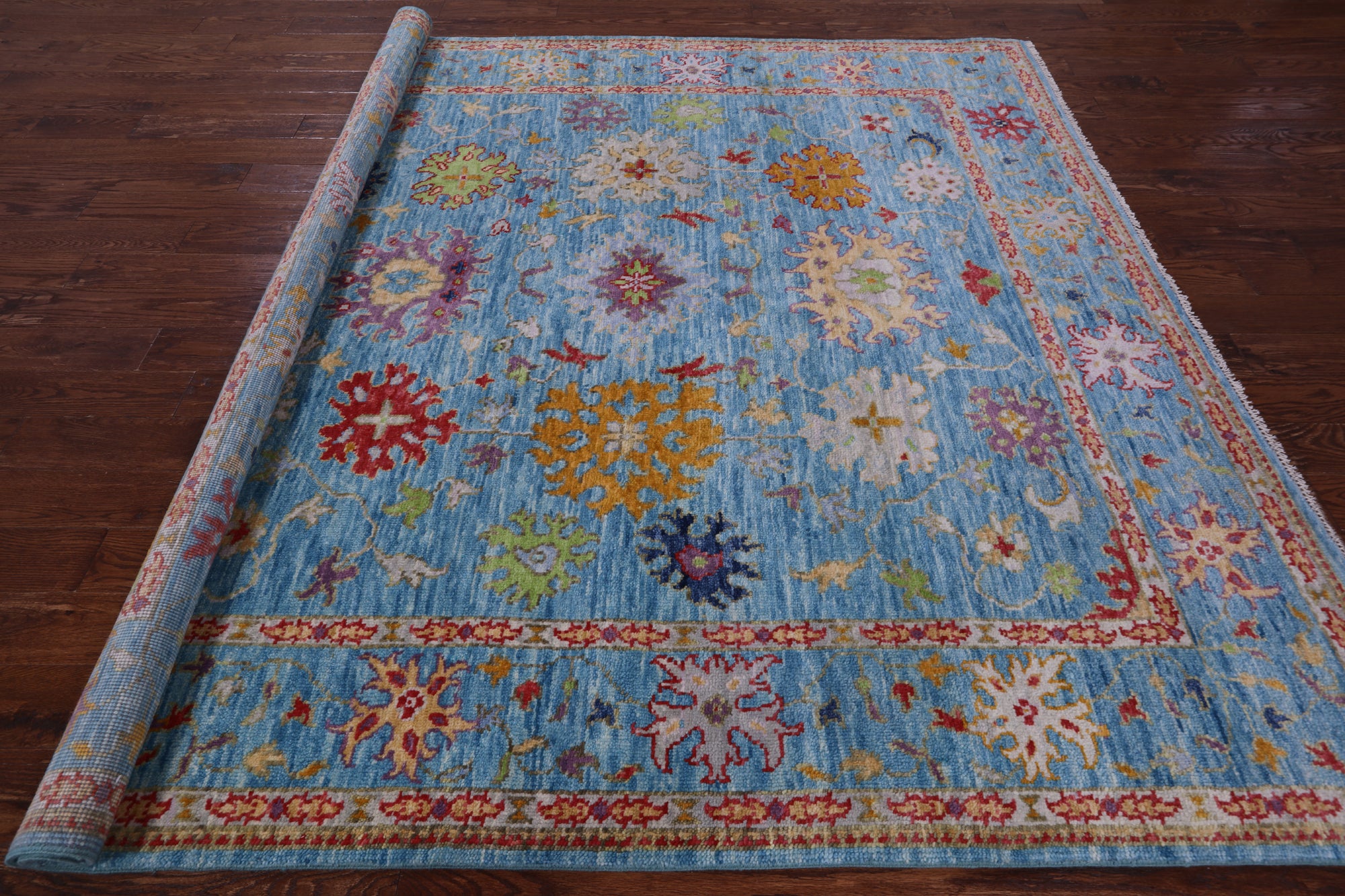 Blue Square Turkish Oushak Hand Knotted Wool Rug - 7' 11" X 8' 1" - Golden Nile