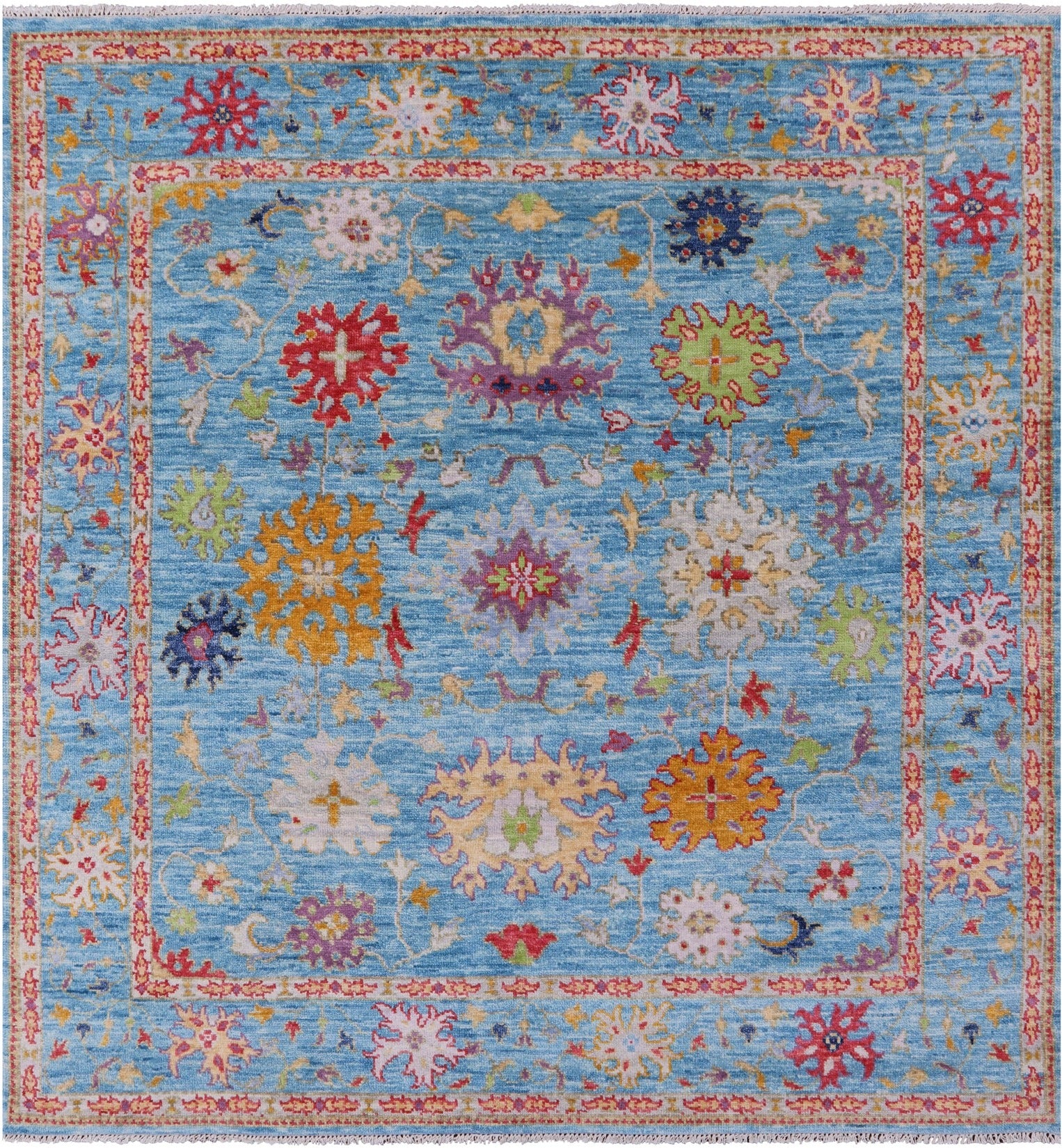 Blue Square Turkish Oushak Hand Knotted Wool Rug - 7' 11" X 8' 1" - Golden Nile