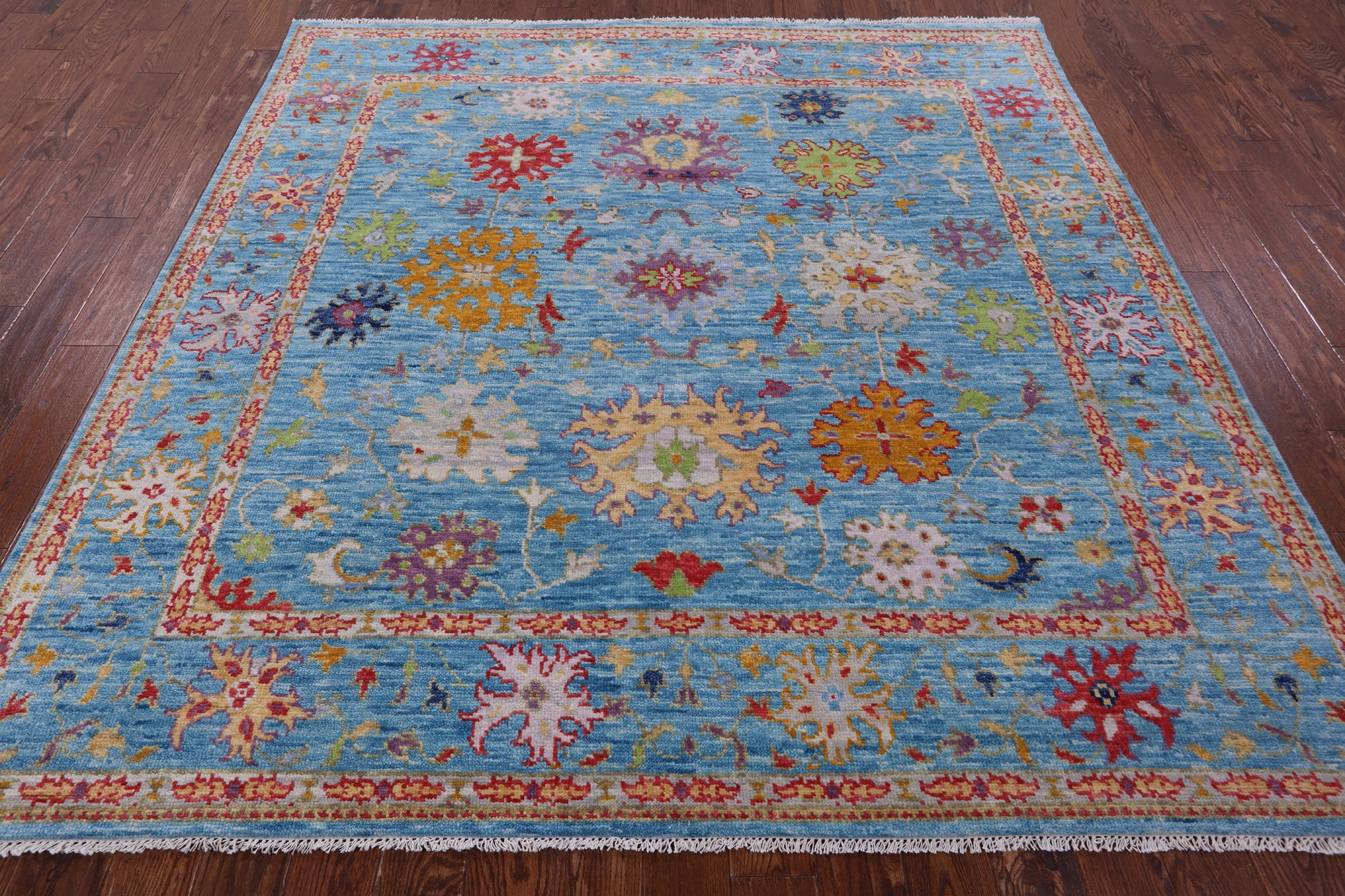 Blue Square Turkish Oushak Hand Knotted Wool Rug - 7' 11" X 8' 1" - Golden Nile
