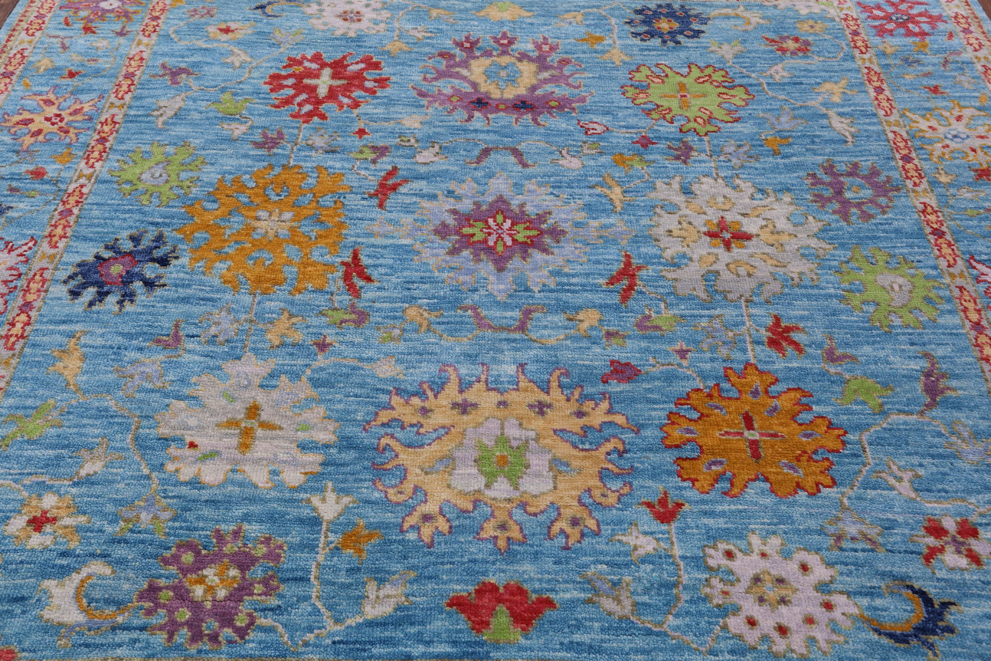 Blue Square Turkish Oushak Hand Knotted Wool Rug - 7' 11" X 8' 1" - Golden Nile