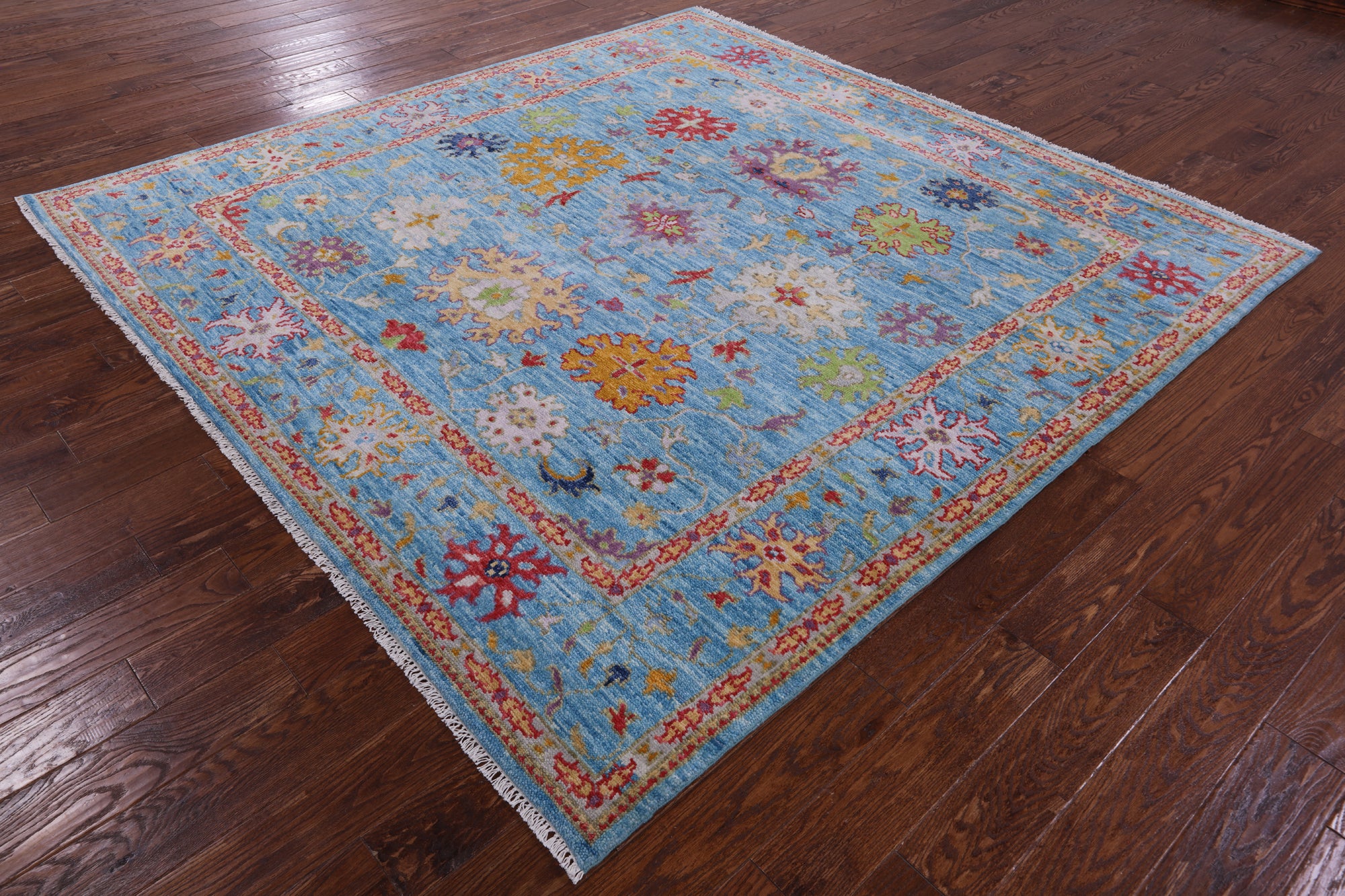 Blue Square Turkish Oushak Hand Knotted Wool Rug - 7' 11" X 8' 1" - Golden Nile
