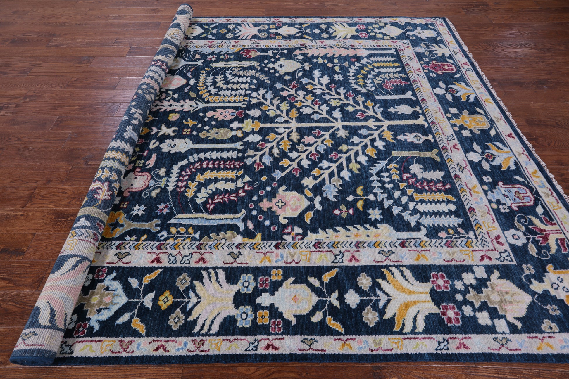 Blue Turkish Oushak Hand Knotted Wool Rug - 8' 2" X 9' 6" - Golden Nile