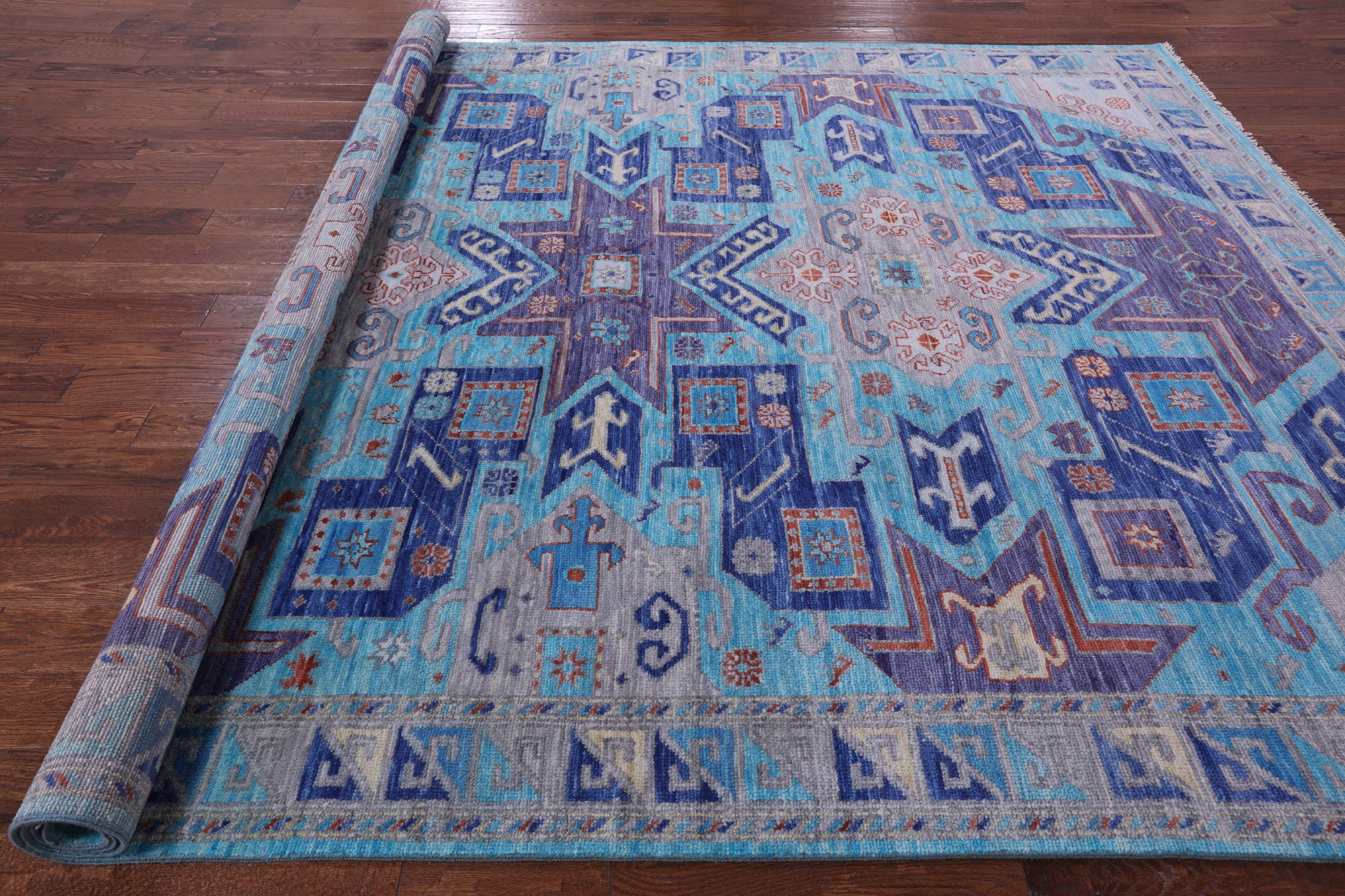 Blue Kazak Handmade Wool Rug - 9' 2" X 12' 0" - Golden Nile
