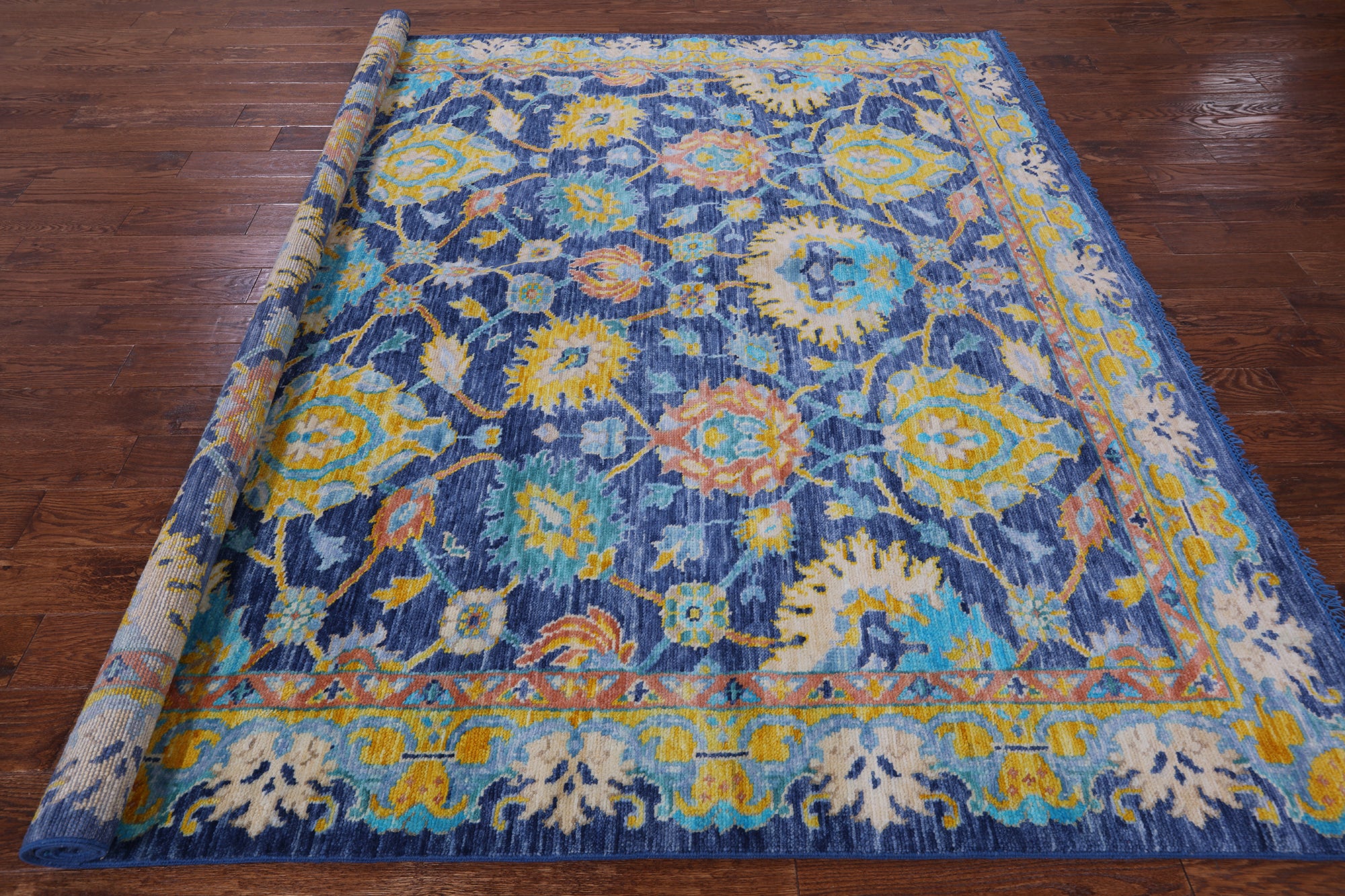Blue Square Turkish Oushak Hand Knotted Wool Rug - 7' 9" X 8' 1" - Golden Nile