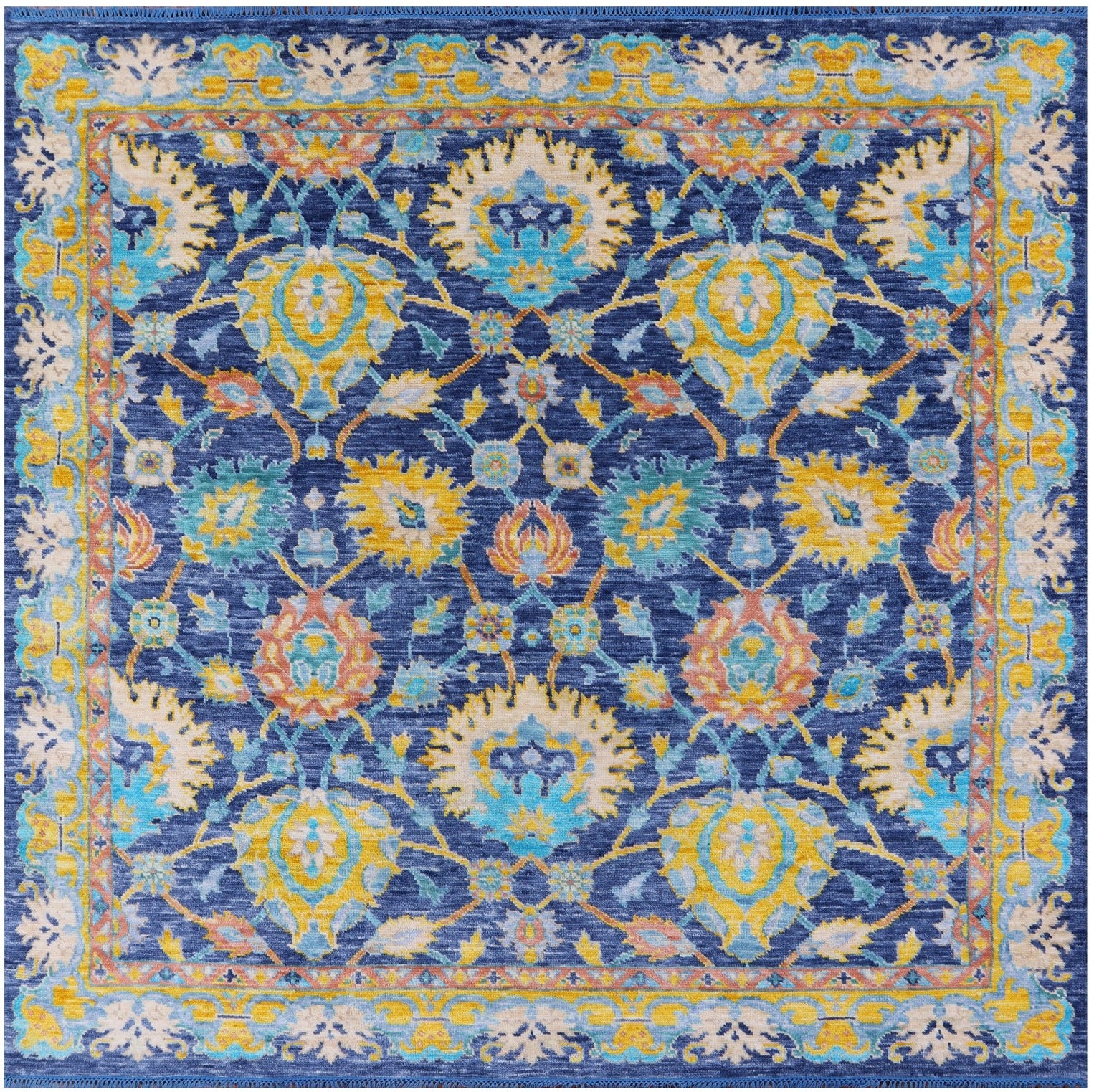 Blue Square Turkish Oushak Hand Knotted Wool Rug - 7' 9" X 8' 1" - Golden Nile
