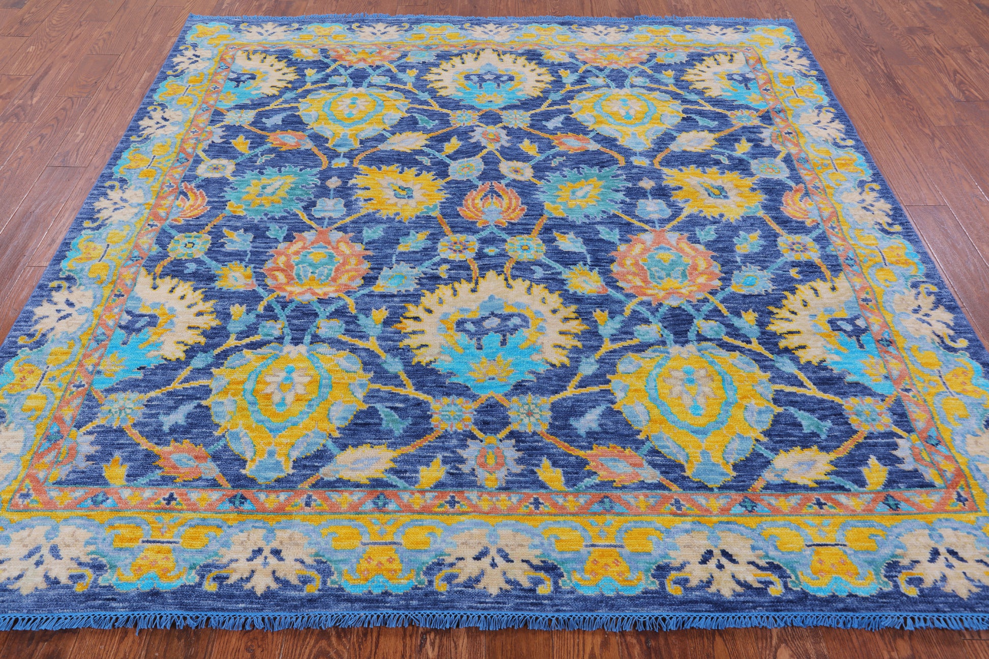 Blue Square Turkish Oushak Hand Knotted Wool Rug - 7' 9" X 8' 1" - Golden Nile