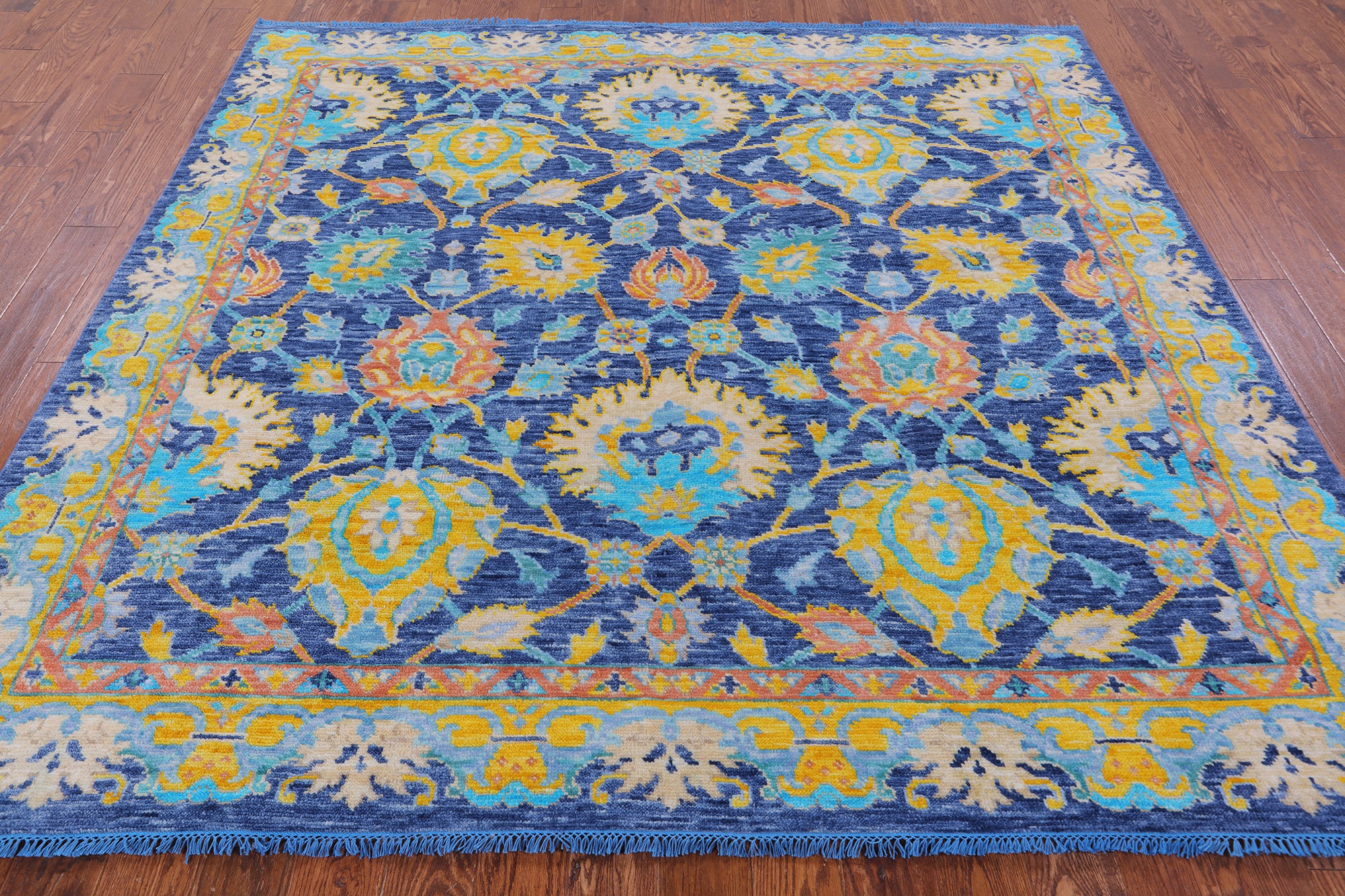 Blue Square Turkish Oushak Hand Knotted Wool Rug - 7' 9" X 8' 1" - Golden Nile
