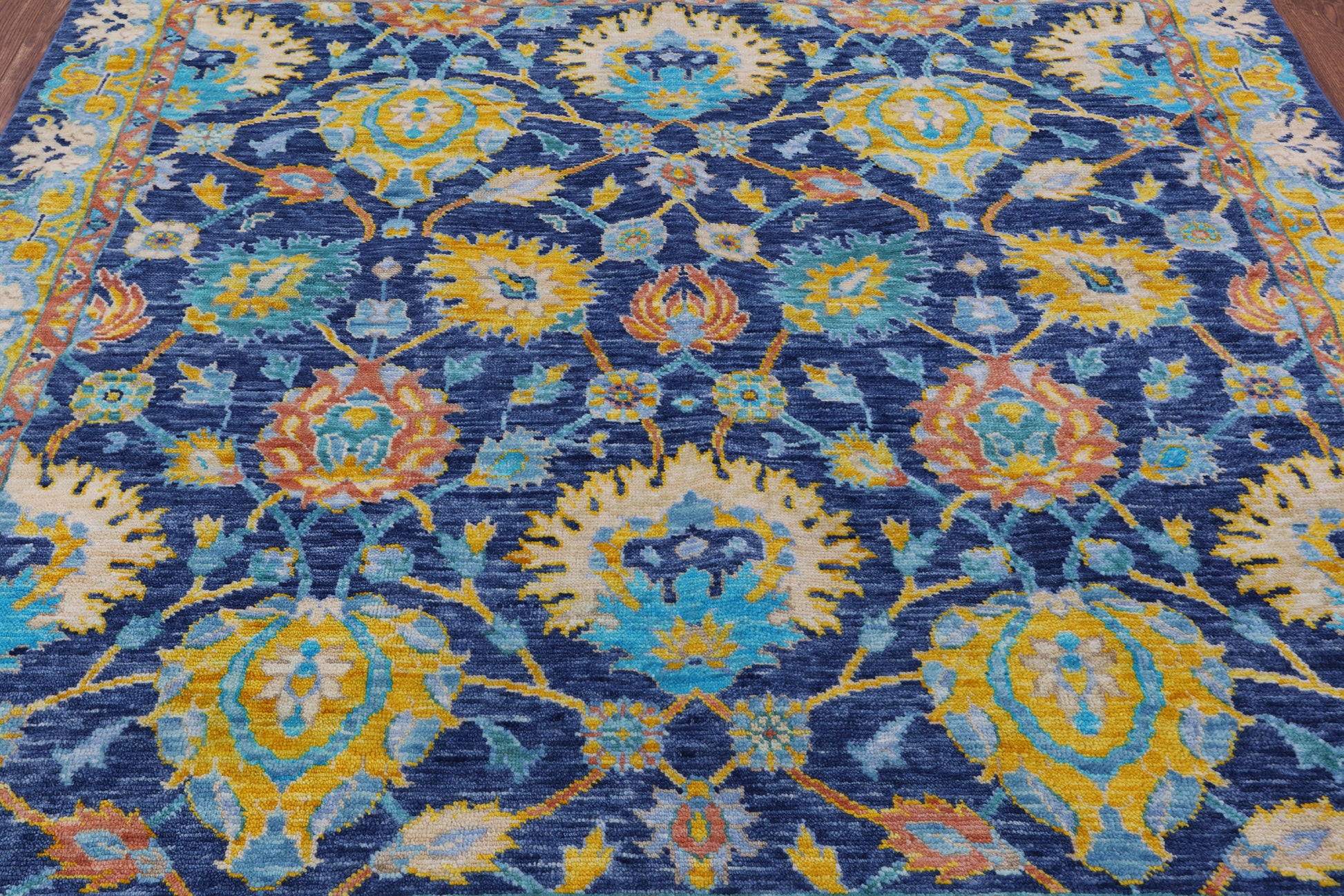 Blue Square Turkish Oushak Hand Knotted Wool Rug - 7' 9" X 8' 1" - Golden Nile