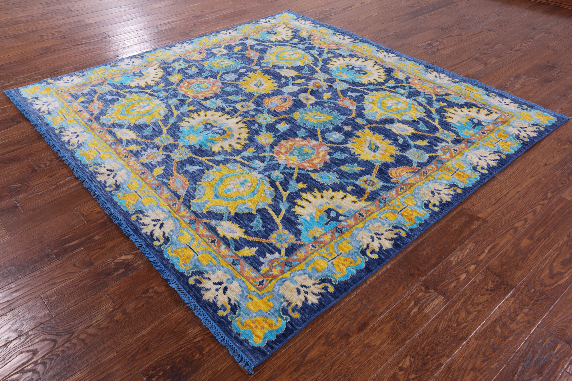 Blue Square Turkish Oushak Hand Knotted Wool Rug - 7' 9" X 8' 1" - Golden Nile