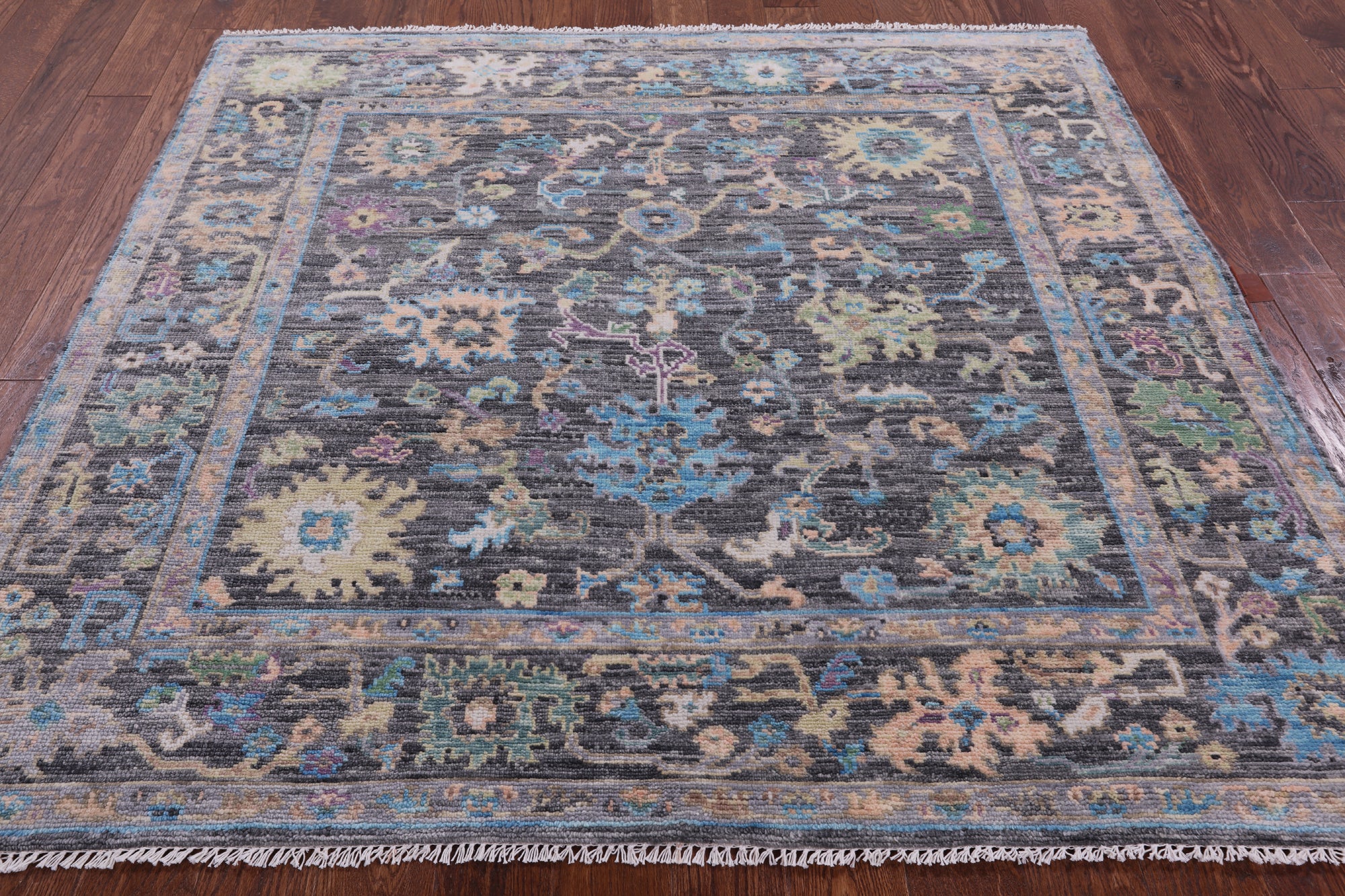Grey Square Turkish Oushak Hand Knotted Wool Rug - 6' 0" X 6' 3" - Golden Nile