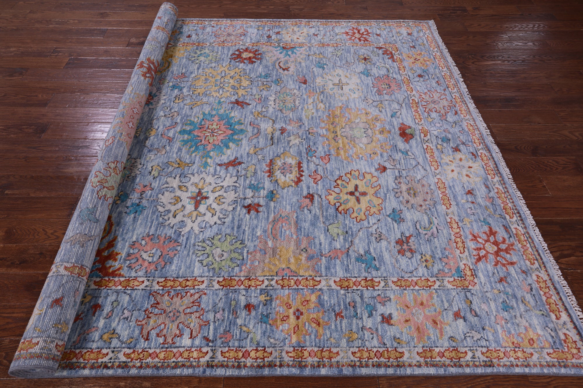 Blue Turkish Oushak Hand Knotted Wool Rug - 8' 0" X 9' 10" - Golden Nile