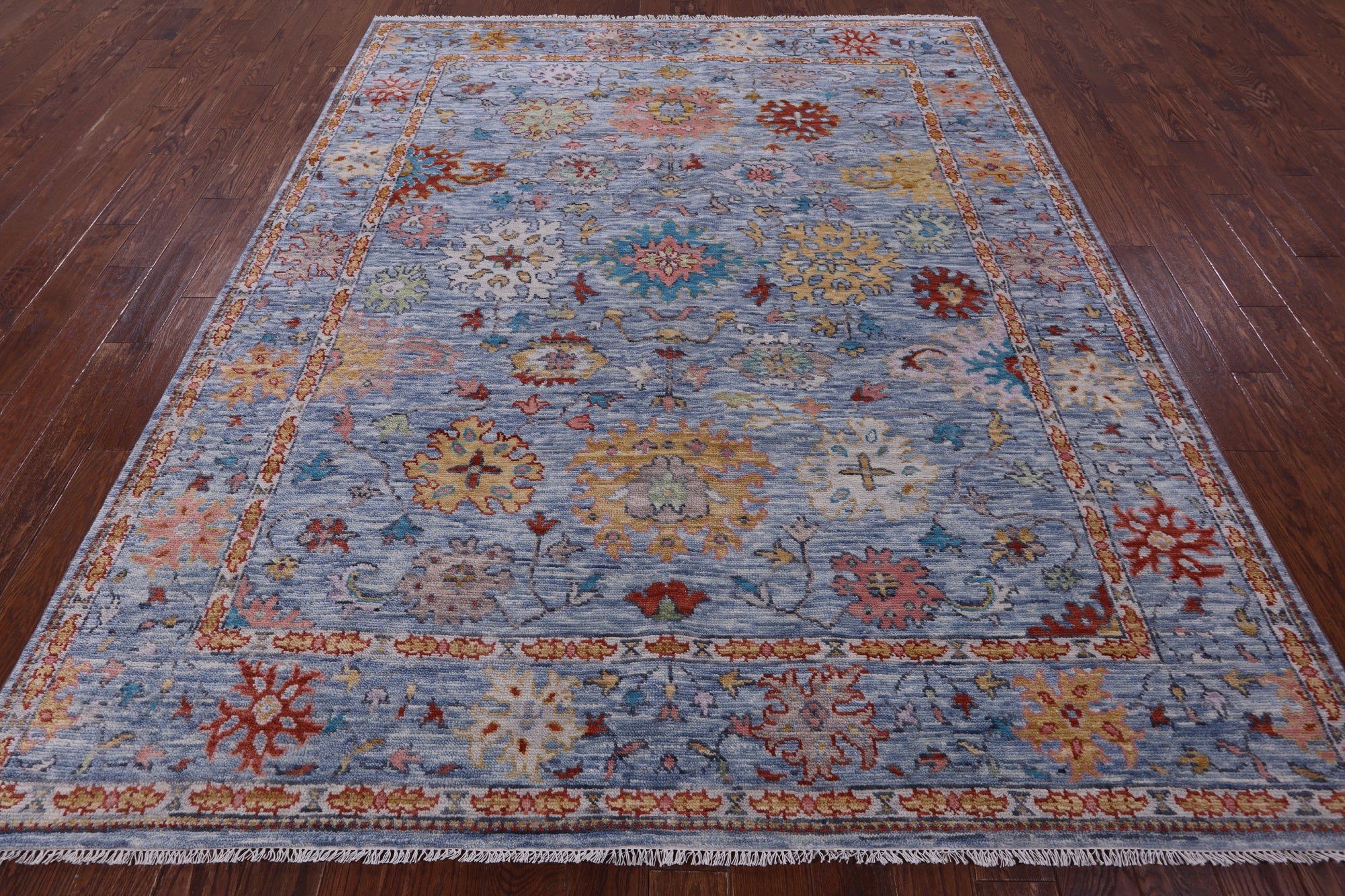 Blue Turkish Oushak Hand Knotted Wool Rug - 8' 0" X 9' 10" - Golden Nile
