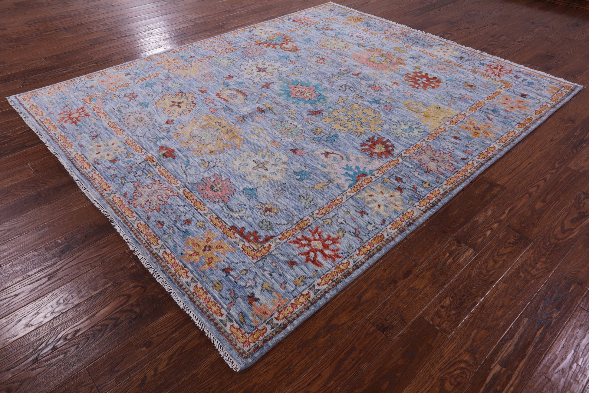 Blue Turkish Oushak Hand Knotted Wool Rug - 8' 0" X 9' 10" - Golden Nile