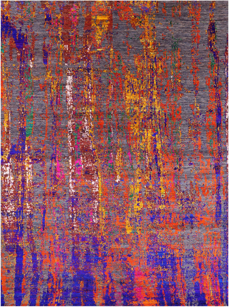 Abstract Modern Hand Knotted Wool & Silk Rug - 8' 10" X 12' 5" - Golden Nile