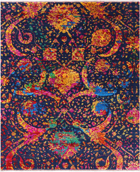 Blue Persian Sickle Leaf Hand Knotted Wool & Silk Rug - 7' 11" X 9' 11" - Golden Nile
