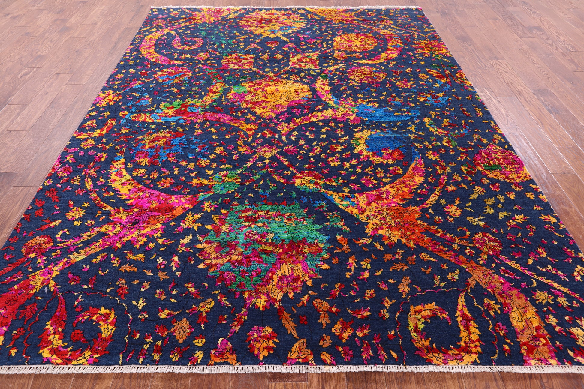 Blue Persian Sickle Leaf Hand Knotted Wool & Silk Rug - 7' 11" X 9' 11" - Golden Nile