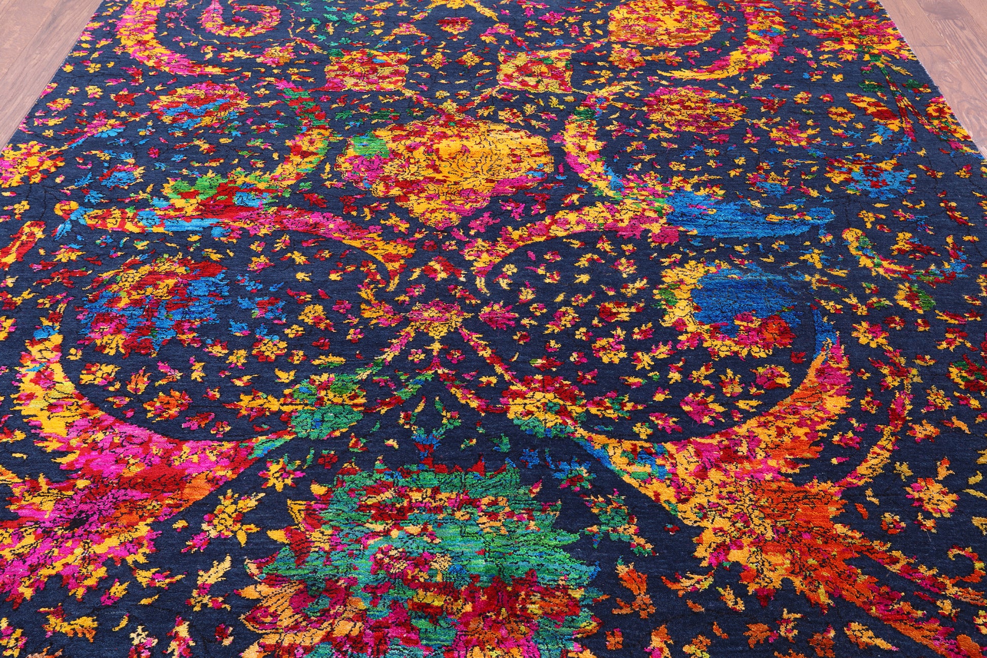 Blue Persian Sickle Leaf Hand Knotted Wool & Silk Rug - 7' 11" X 9' 11" - Golden Nile