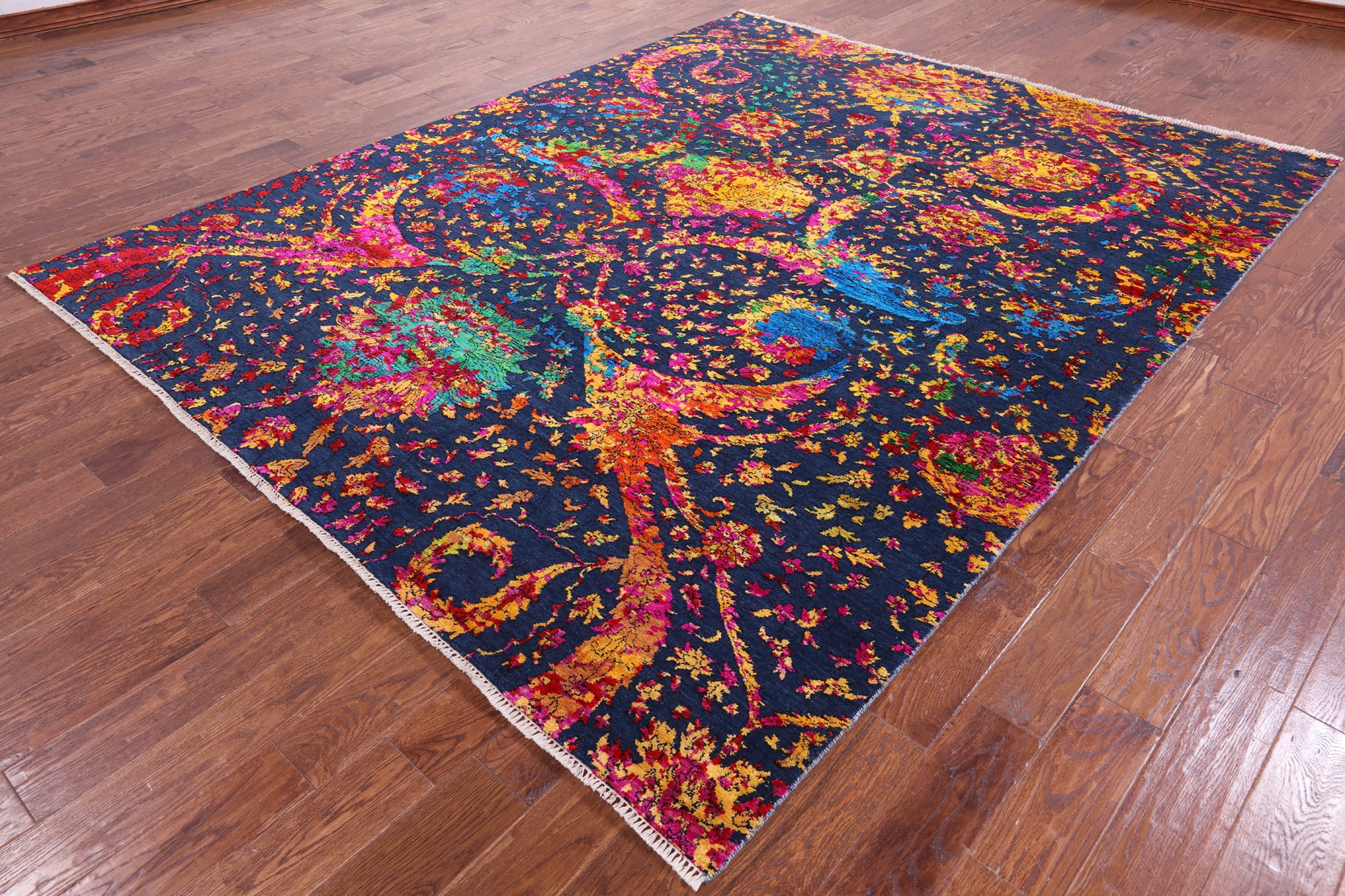 Blue Persian Sickle Leaf Hand Knotted Wool & Silk Rug - 7' 11" X 9' 11" - Golden Nile