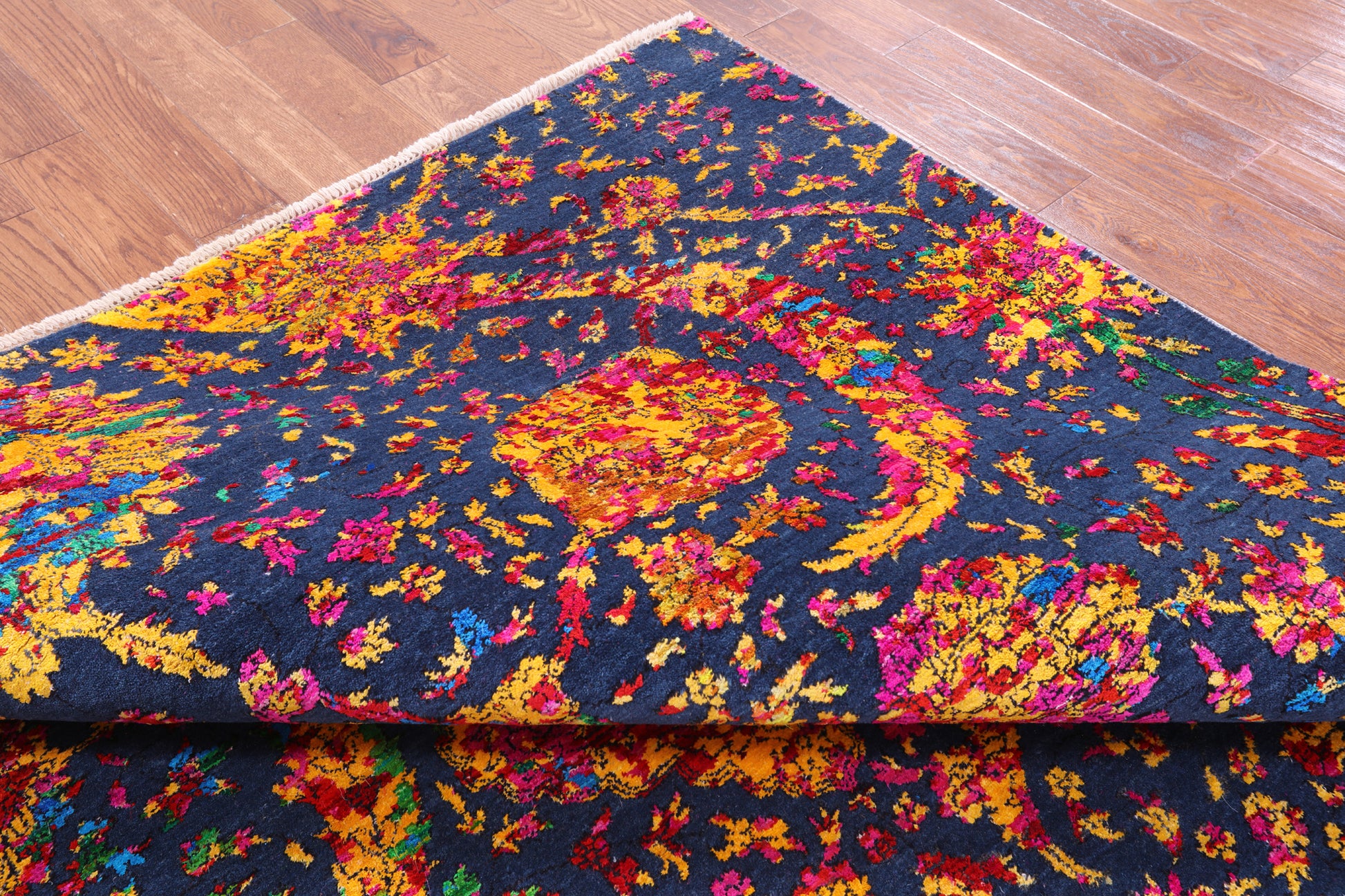 Blue Persian Sickle Leaf Hand Knotted Wool & Silk Rug - 7' 11" X 9' 11" - Golden Nile