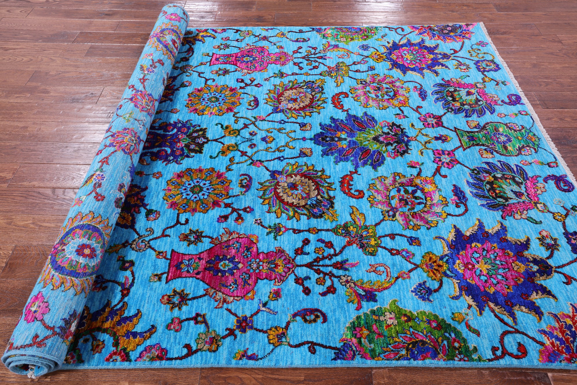 Blue Persian Hand Knotted Wool & Silk Rug - 6' 2" X 9' 1" - Golden Nile