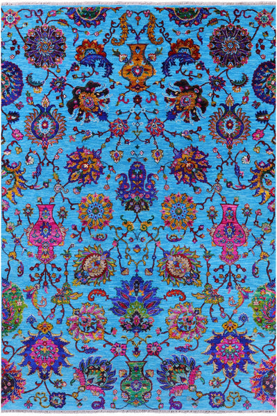 Blue Persian Hand Knotted Wool & Silk Rug - 6' 2" X 9' 1" - Golden Nile