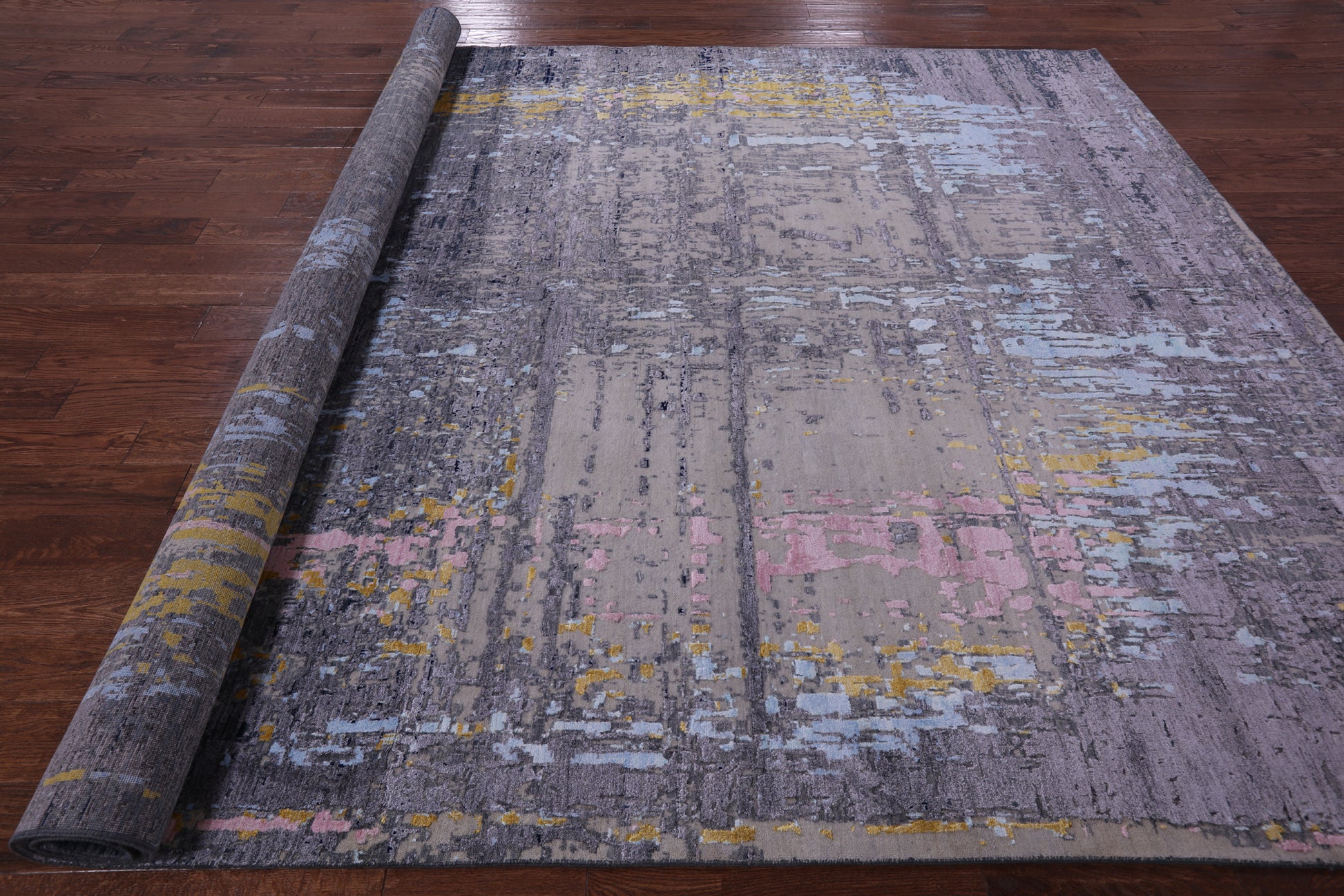 Abstract Modern Hand Knotted Wool & Silk Rug - 9' 0" X 12' 1" - Golden Nile