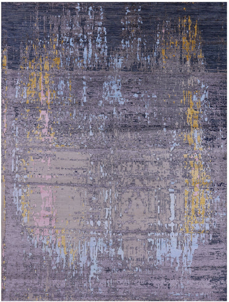 Abstract Modern Hand Knotted Wool & Silk Rug - 9' 0" X 12' 1" - Golden Nile