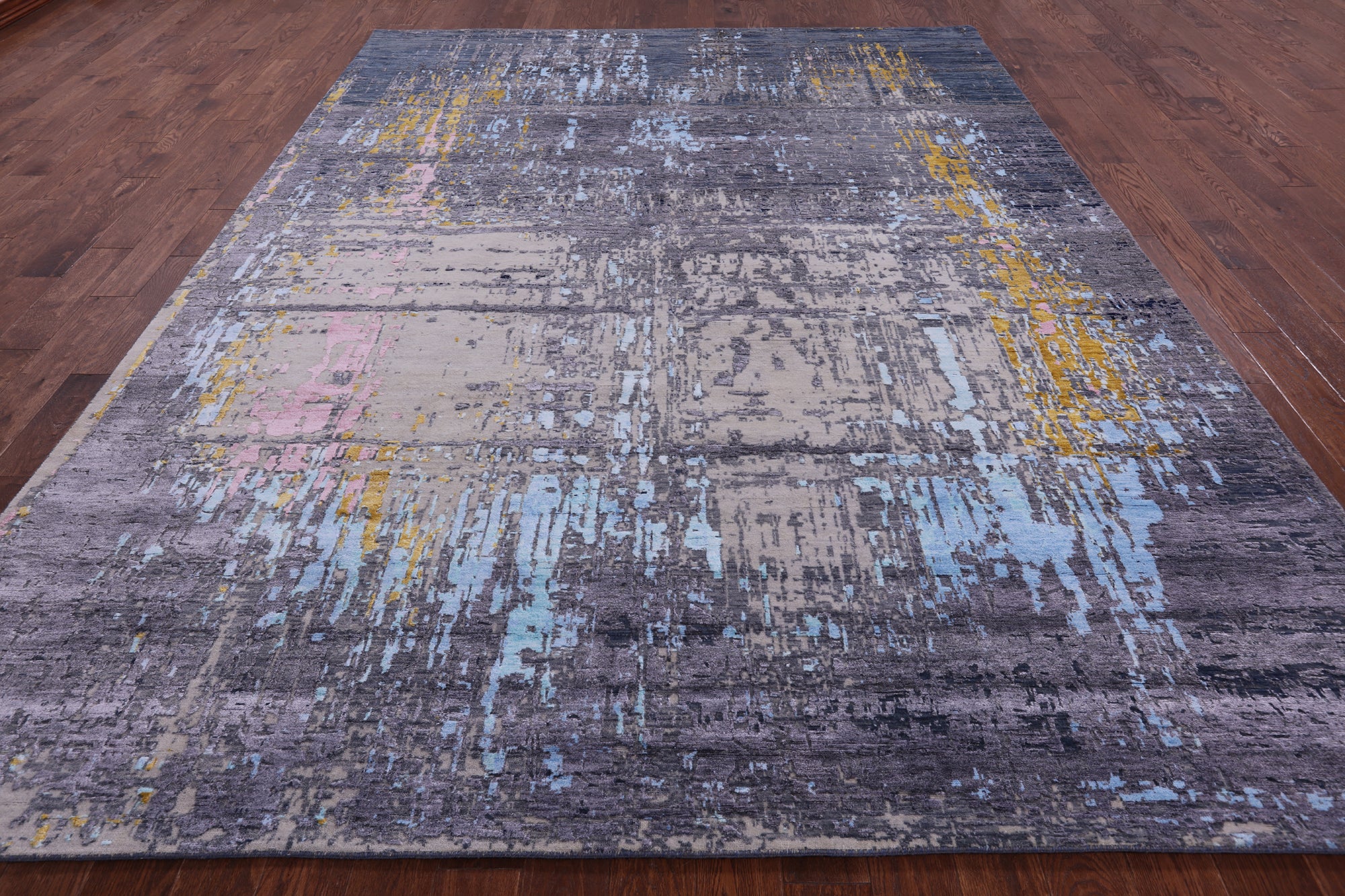 Abstract Modern Hand Knotted Wool & Silk Rug - 9' 0" X 12' 1" - Golden Nile