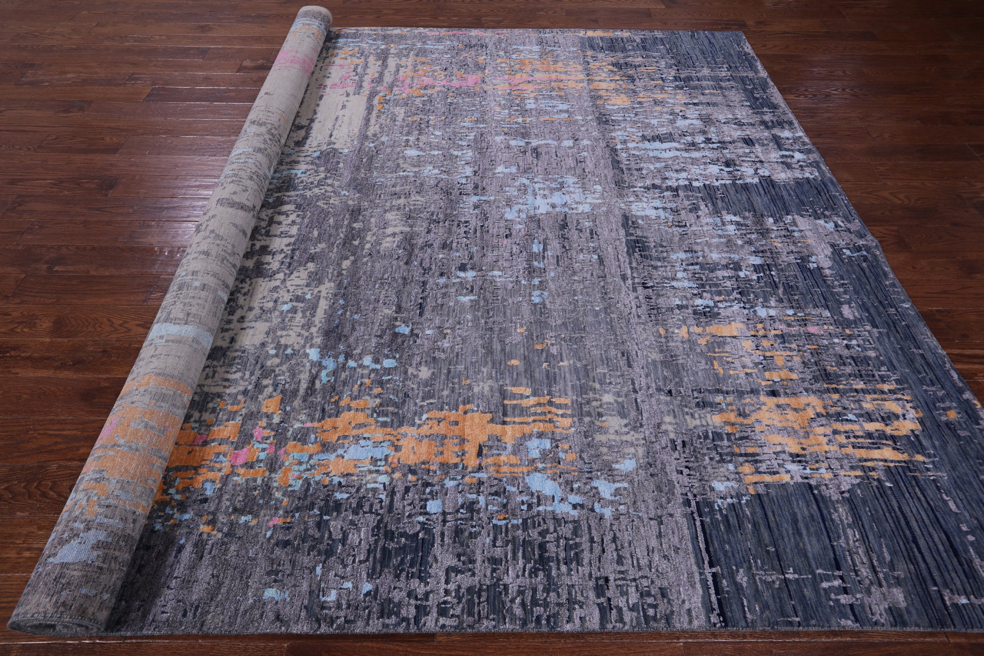 Abstract Modern Hand Knotted Wool & Silk Rug - 9' 0" X 11' 11" - Golden Nile