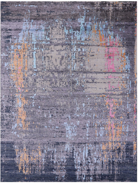 Abstract Modern Hand Knotted Wool & Silk Rug - 9' 0" X 11' 11" - Golden Nile
