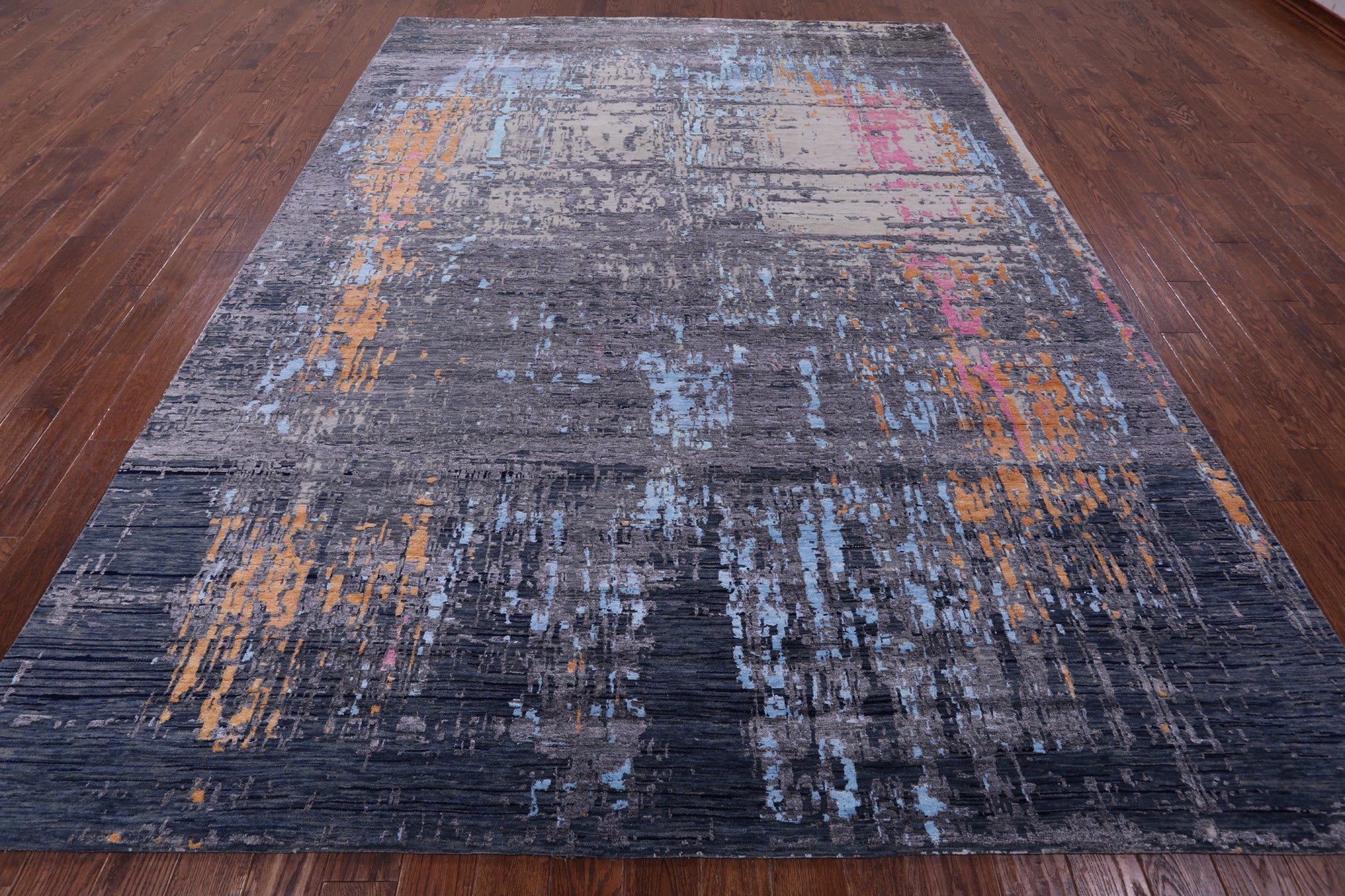 Abstract Modern Hand Knotted Wool & Silk Rug - 9' 0" X 11' 11" - Golden Nile