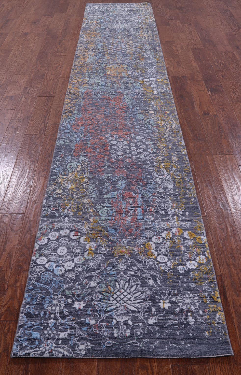 Modern Hand Knotted Wool & Silk Runner Rug - 2' 7" X 14' 0" - Golden Nile