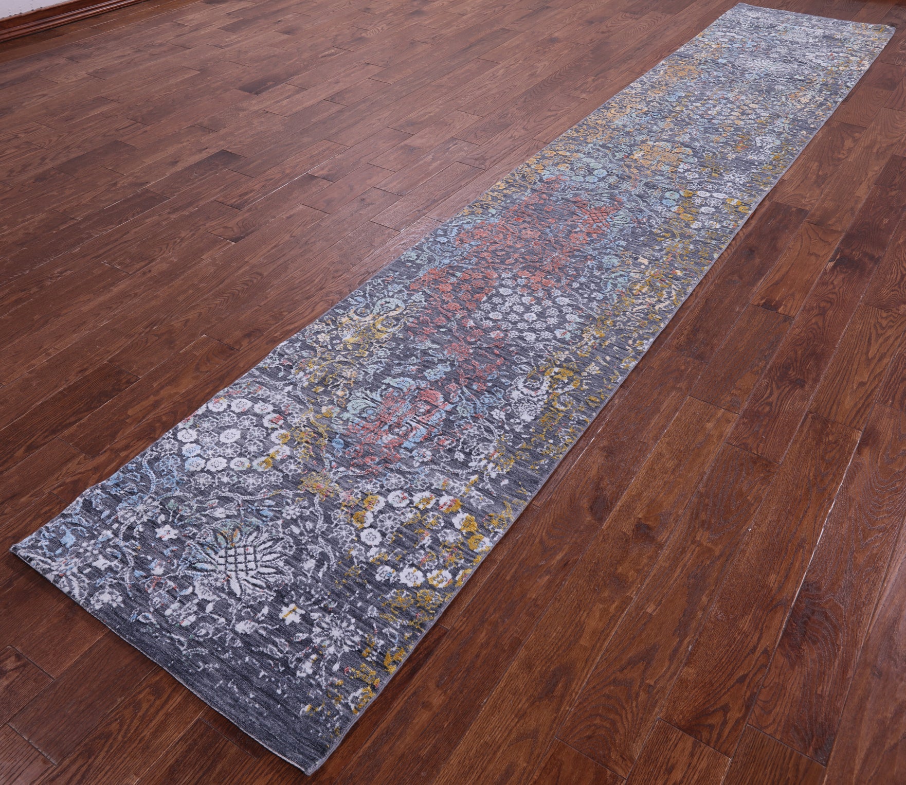 Modern Hand Knotted Wool & Silk Runner Rug - 2' 7" X 14' 0" - Golden Nile