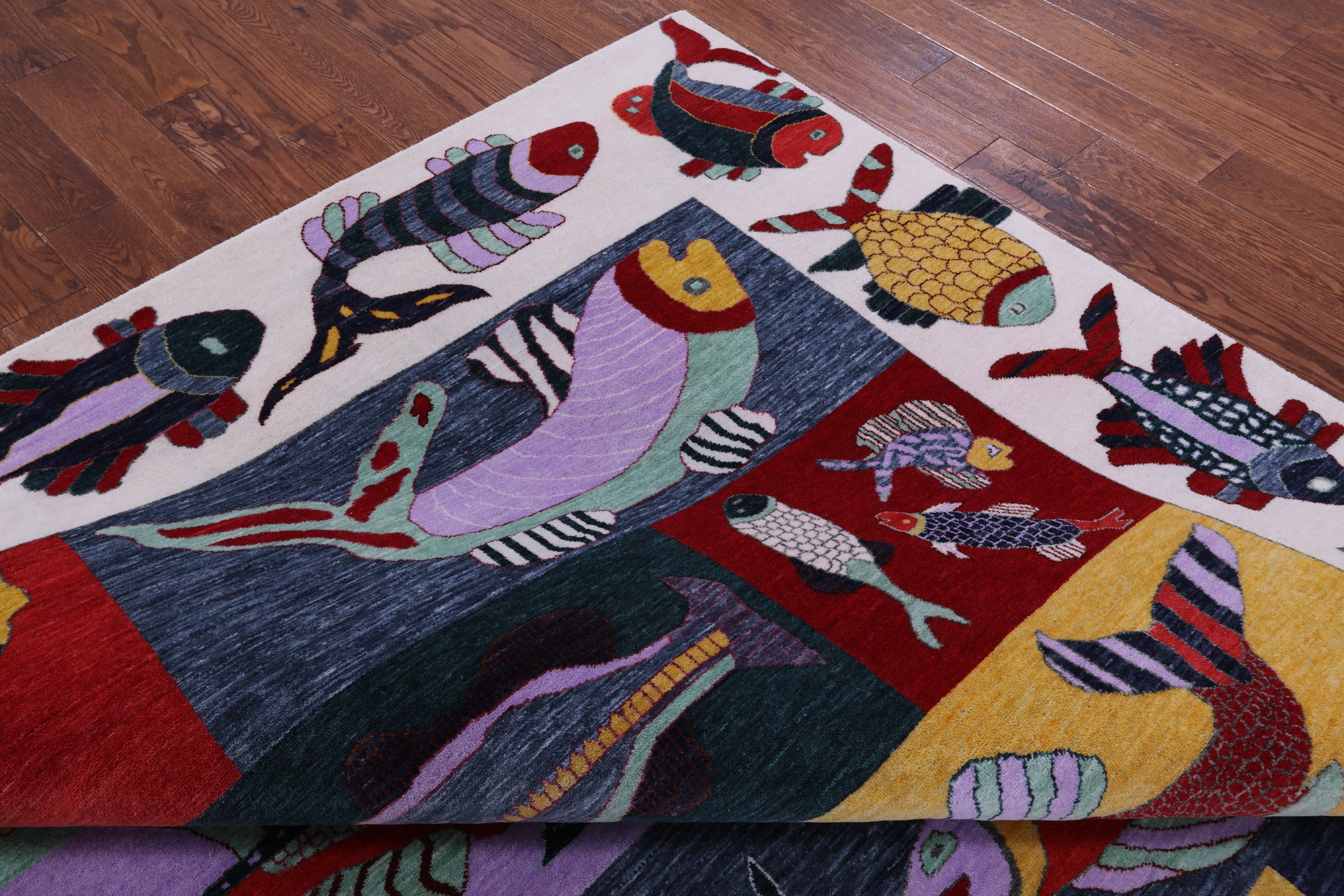 Fish Design Persian Gabbeh Hand Knotted Wool Rug - 8' 11" X 12' 3" - Golden Nile