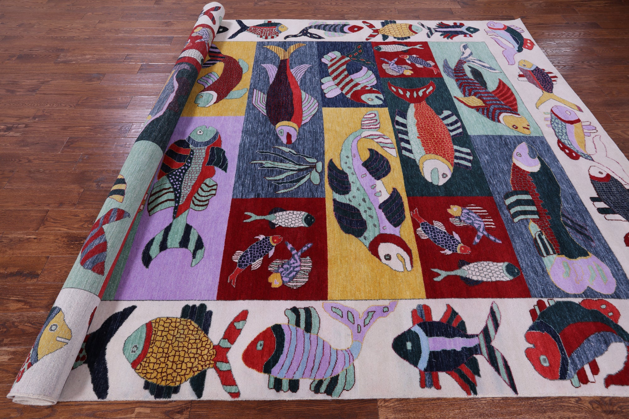 Fish Design Persian Gabbeh Hand Knotted Wool Rug - 8' 11" X 12' 3" - Golden Nile
