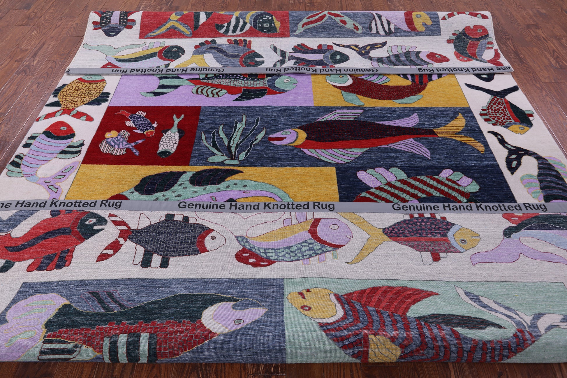 Fish Design Persian Gabbeh Hand Knotted Wool Rug - 8' 11" X 12' 3" - Golden Nile