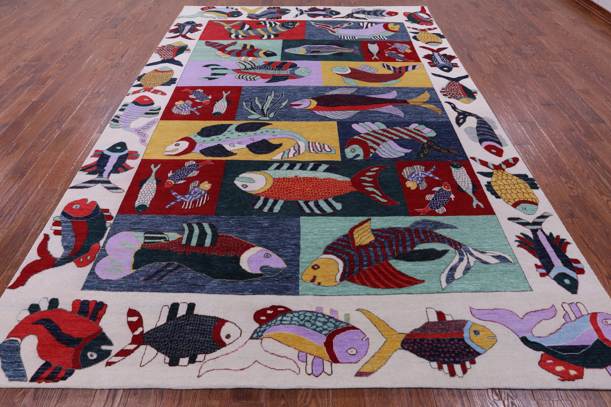 Fish Design Persian Gabbeh Hand Knotted Wool Rug - 8' 11" X 12' 3" - Golden Nile