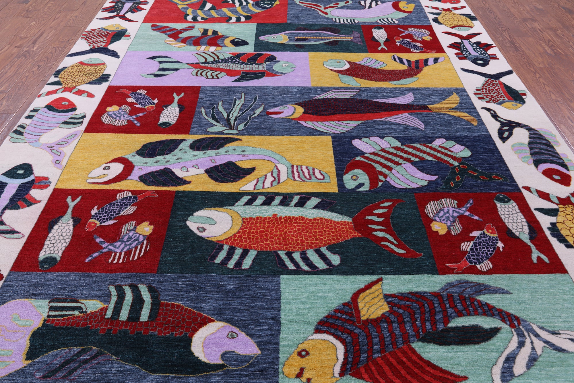 Fish Design Persian Gabbeh Hand Knotted Wool Rug - 8' 11" X 12' 3" - Golden Nile