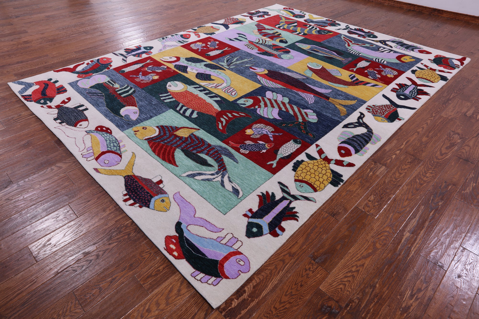 Fish Design Persian Gabbeh Hand Knotted Wool Rug - 8' 11" X 12' 3" - Golden Nile