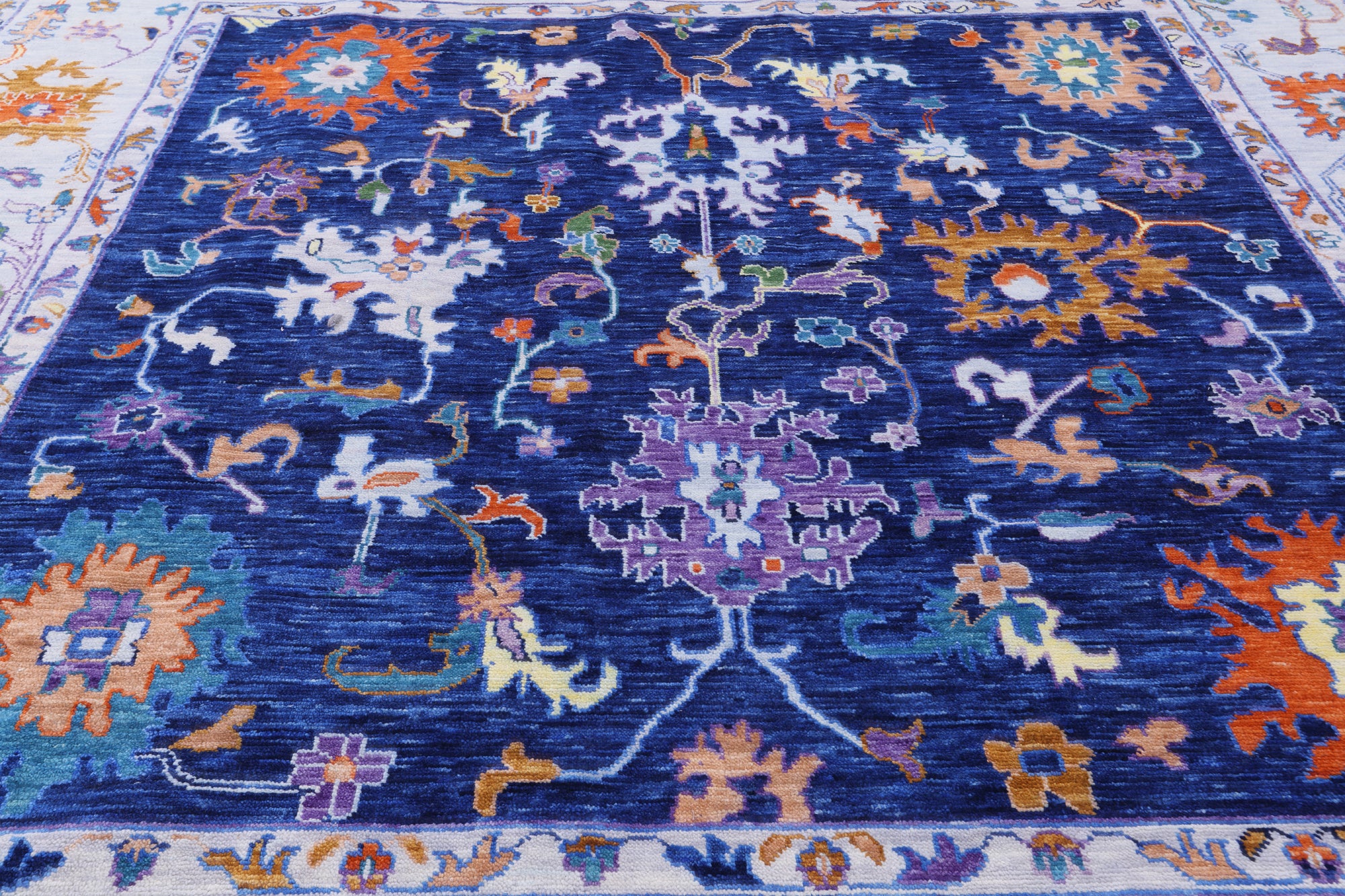 Blue Square Turkish Oushak Hand Knotted Wool Rug - 10' 11" X 11' 1" - Golden Nile