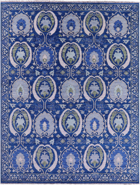 Blue William Morris Hand Knotted Wool Rug - 9' 2" X 12' 2" - Golden Nile