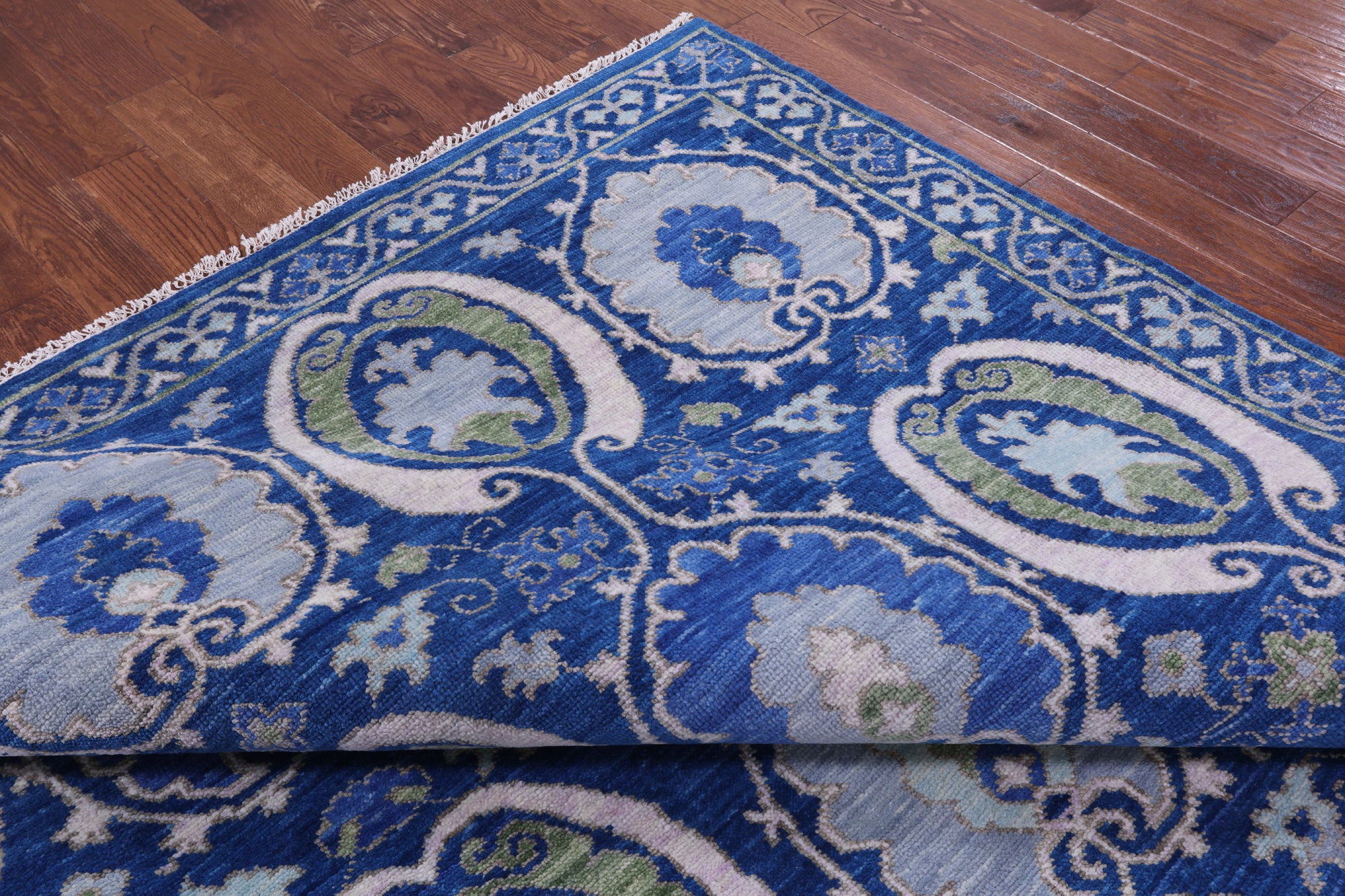 Blue William Morris Hand Knotted Wool Rug - 9' 2" X 12' 2" - Golden Nile