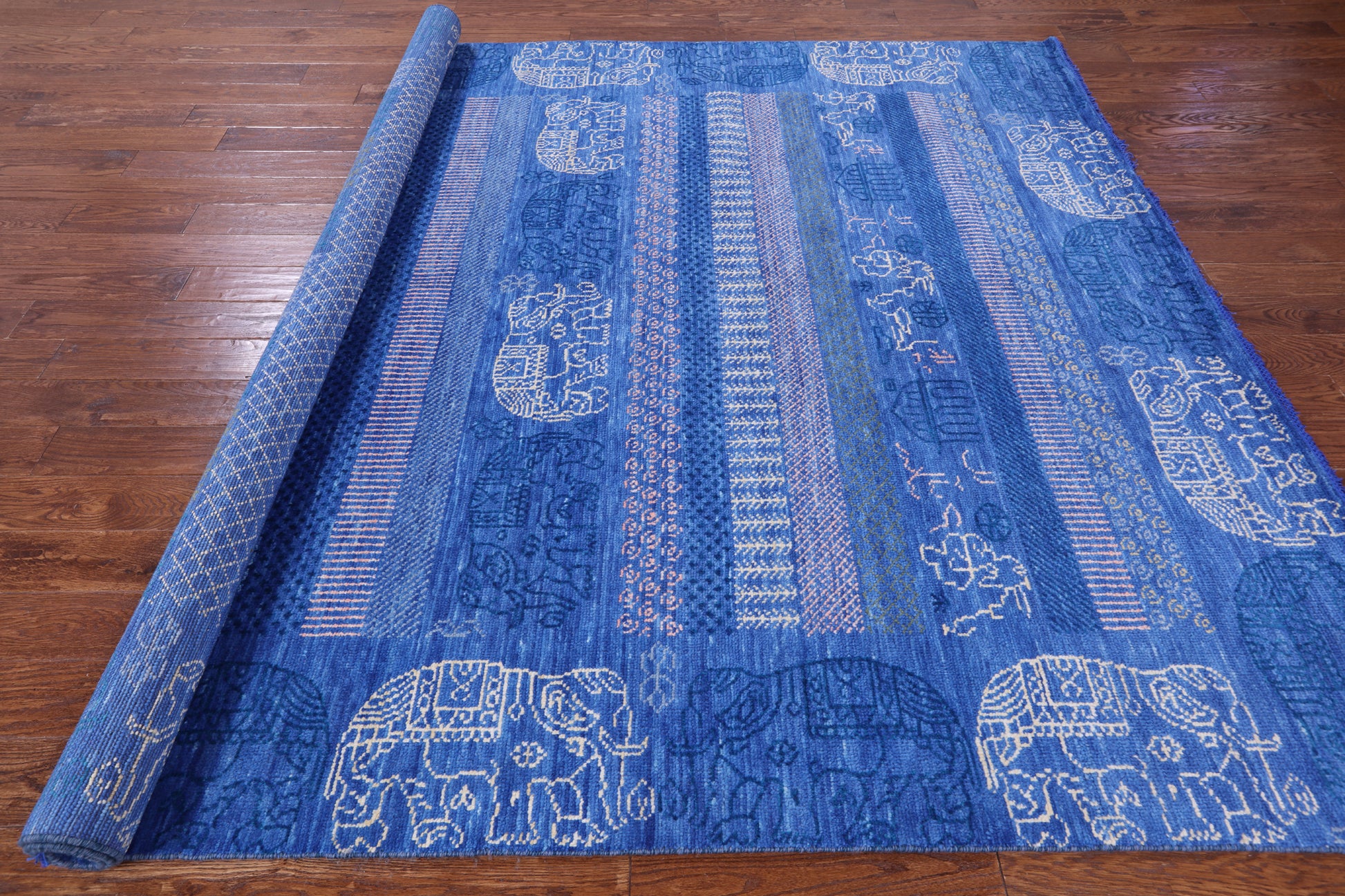 Blue Elephant Design Tribal Persian Gabbeh Hand Knotted Wool Rug - 8' 2" X 9' 11" - Golden Nile